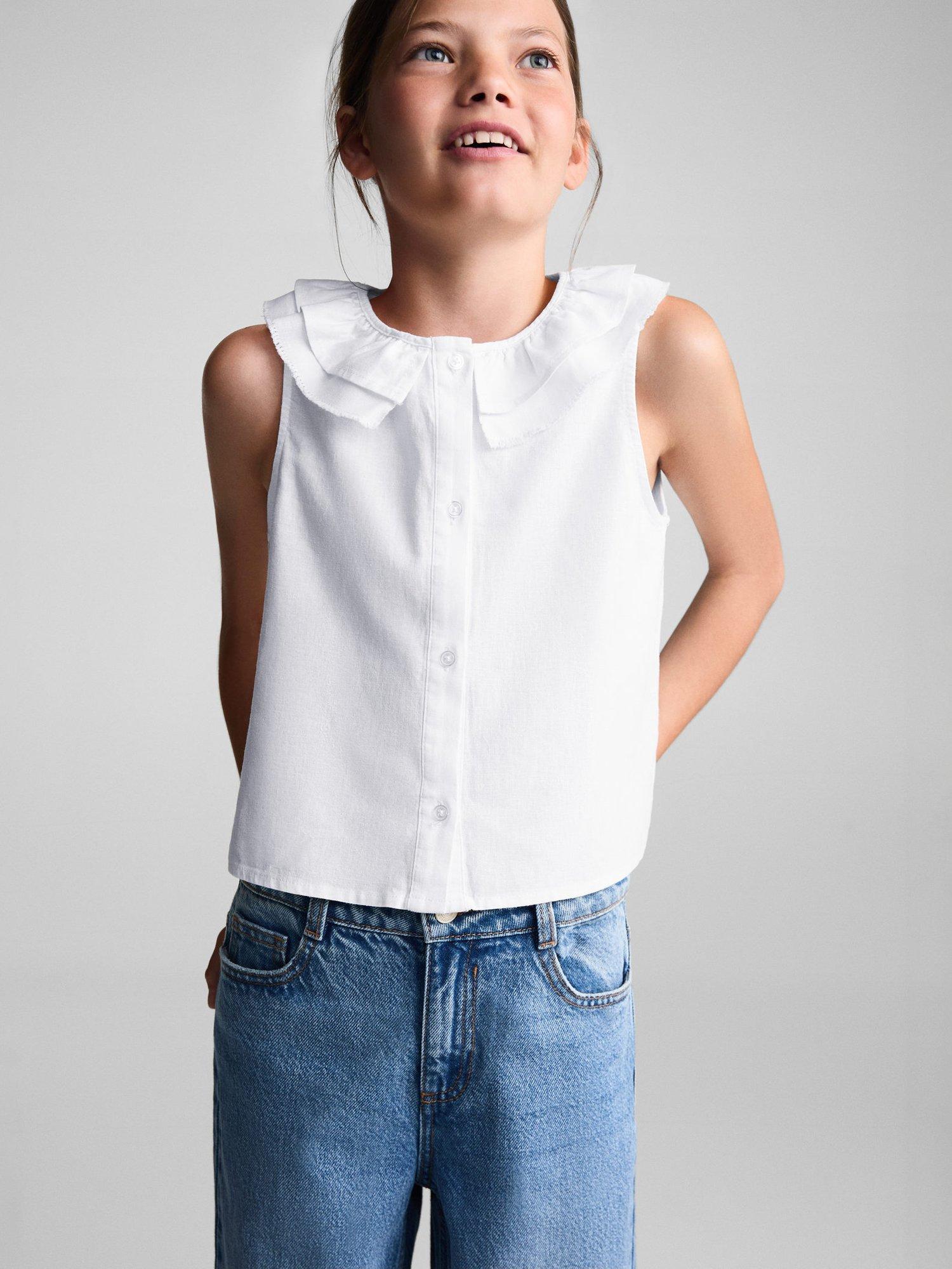 Mango Kids' Marieta Linen Blend Button Up Blouse, White