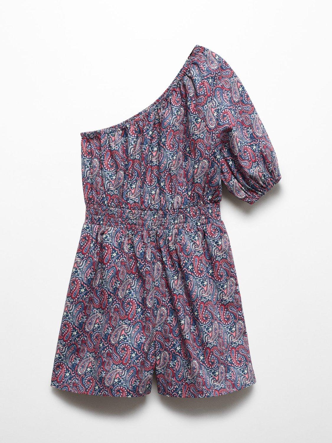 Mango Kids' Mery Paisley Print One Shoulder Playsuit, Navy/Multi