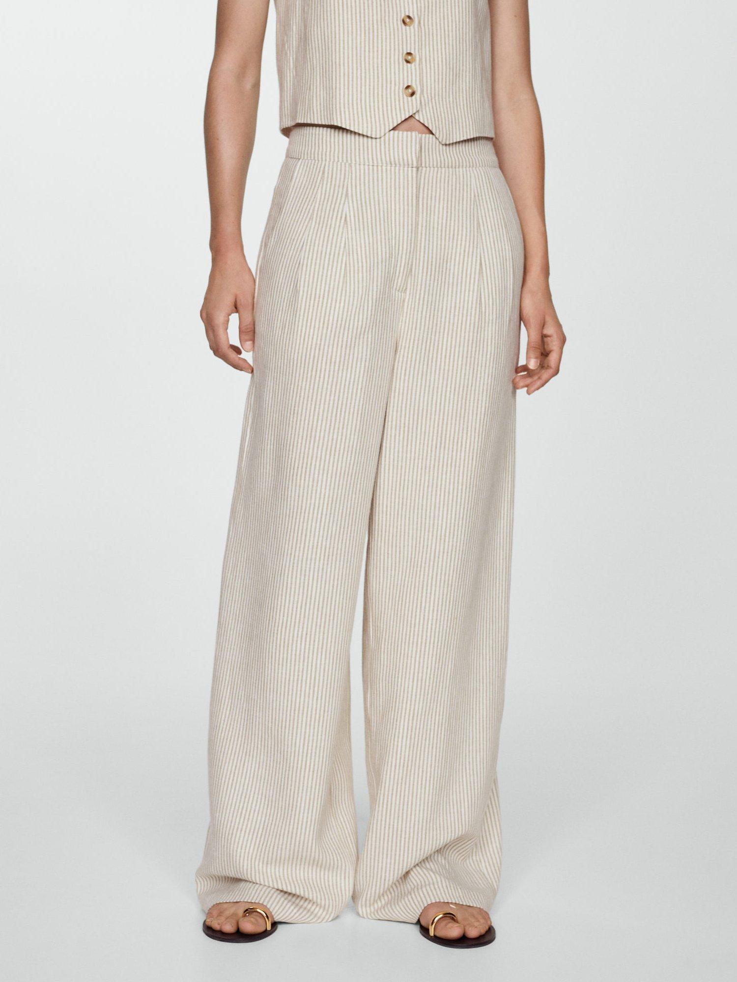 Mango Bali Stripe Linen Blend Wide Leg Trousers, White/Beige