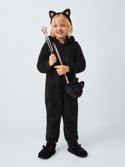 John Lewis Kids' Sparkle Cat Onesie, Black - view 2, Black