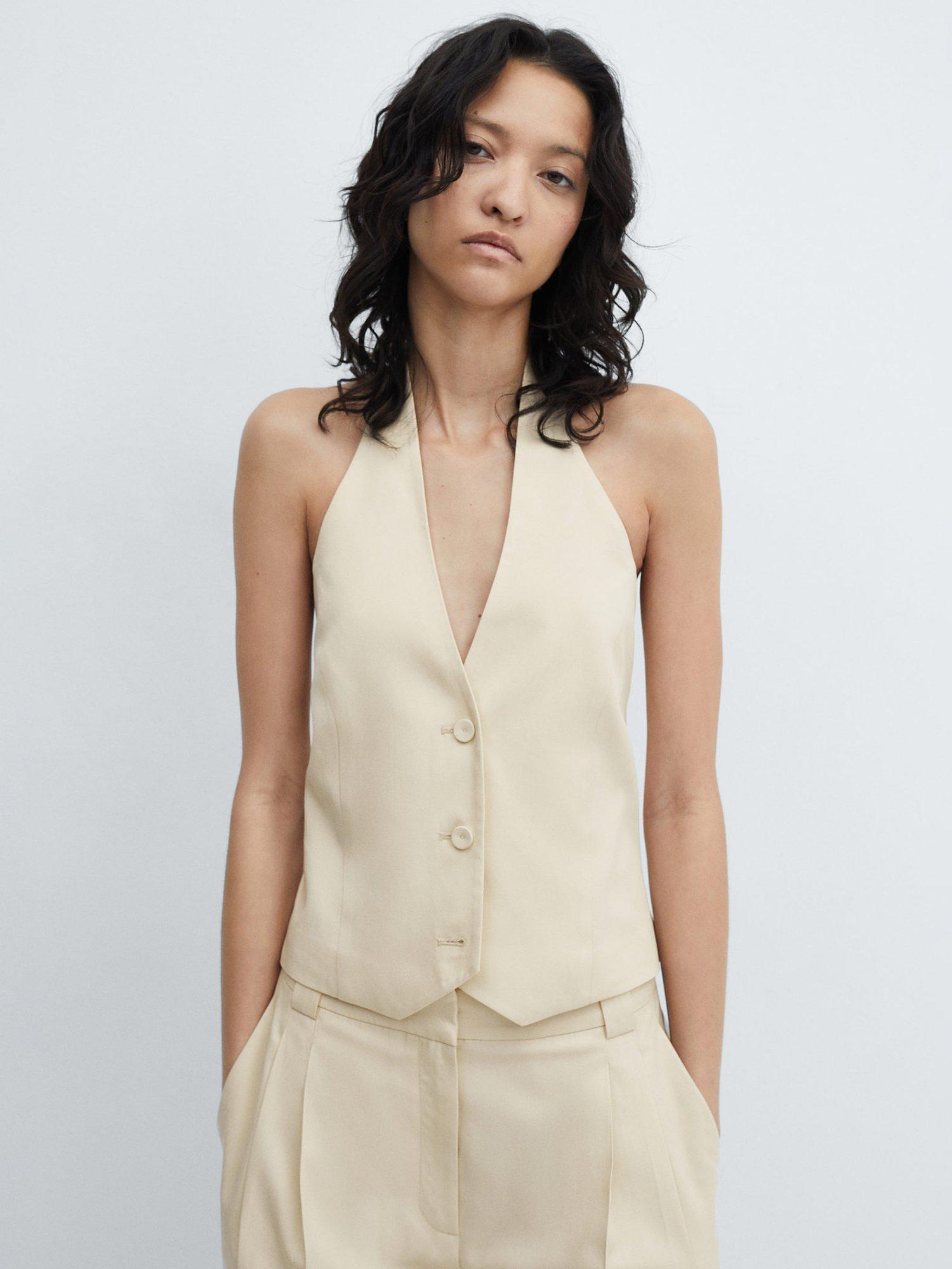 Mango Merida Halterneck Linen Blend Waistcoat, Light Beige