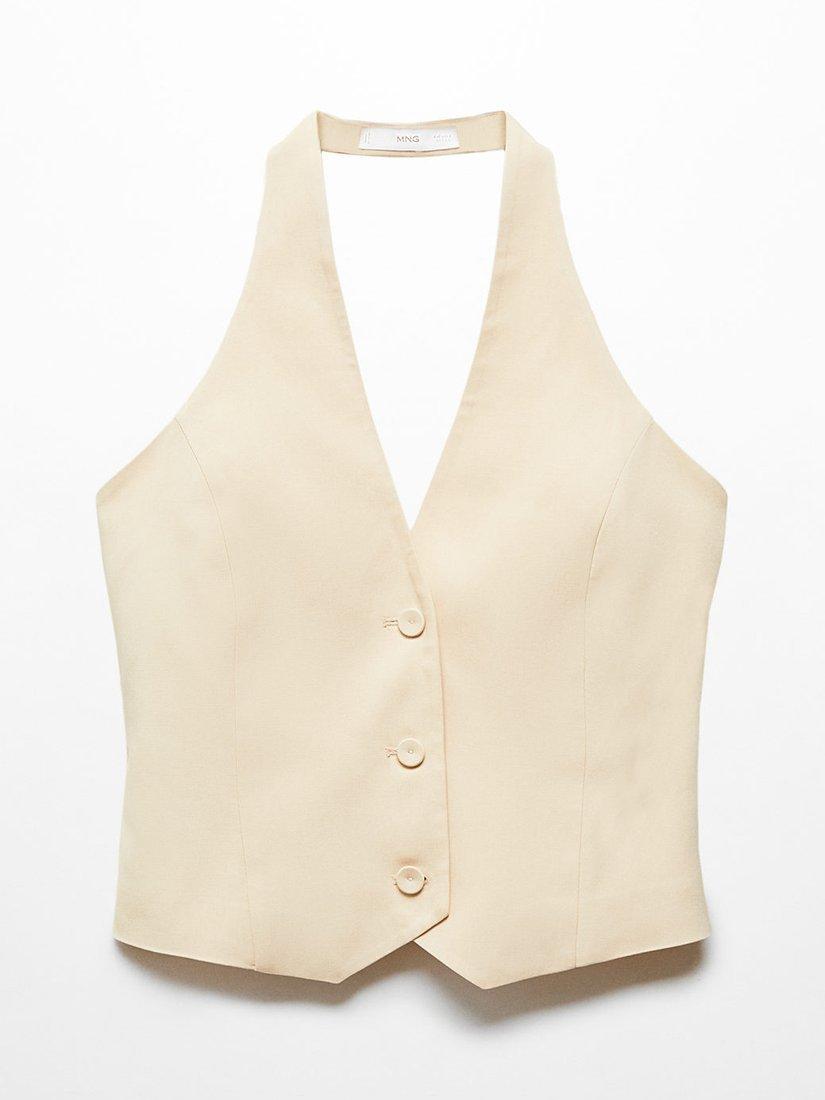 Mango Merida Halterneck Linen Blend Waistcoat, Light Beige, L