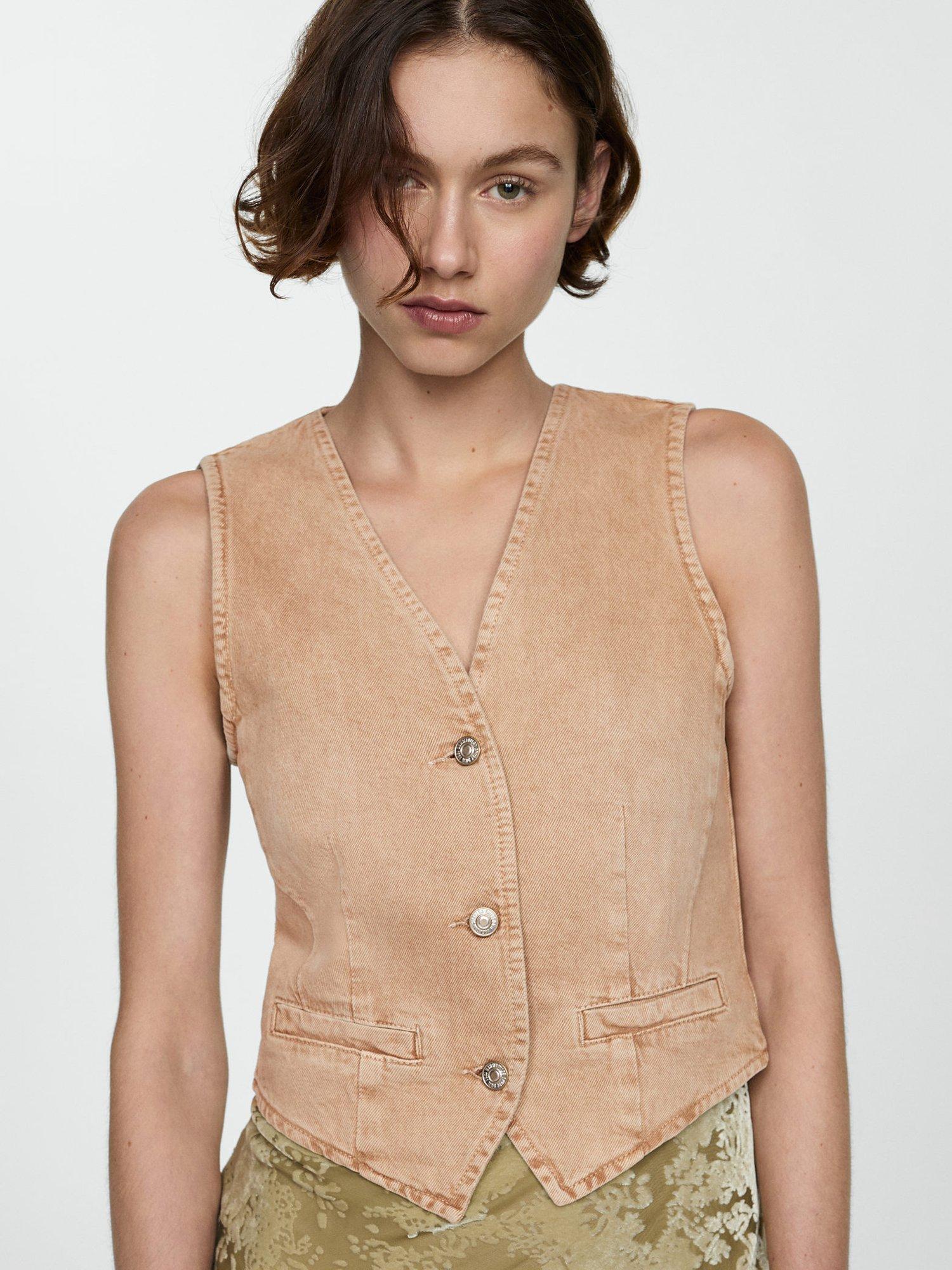 Mango Taylor Denim Waistcoat, Pastel Brown