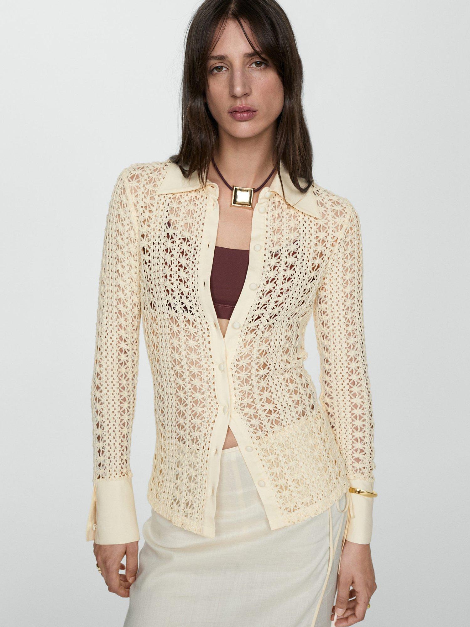 Mango Bolton Cotton Blend Crochet Shirt, Cream