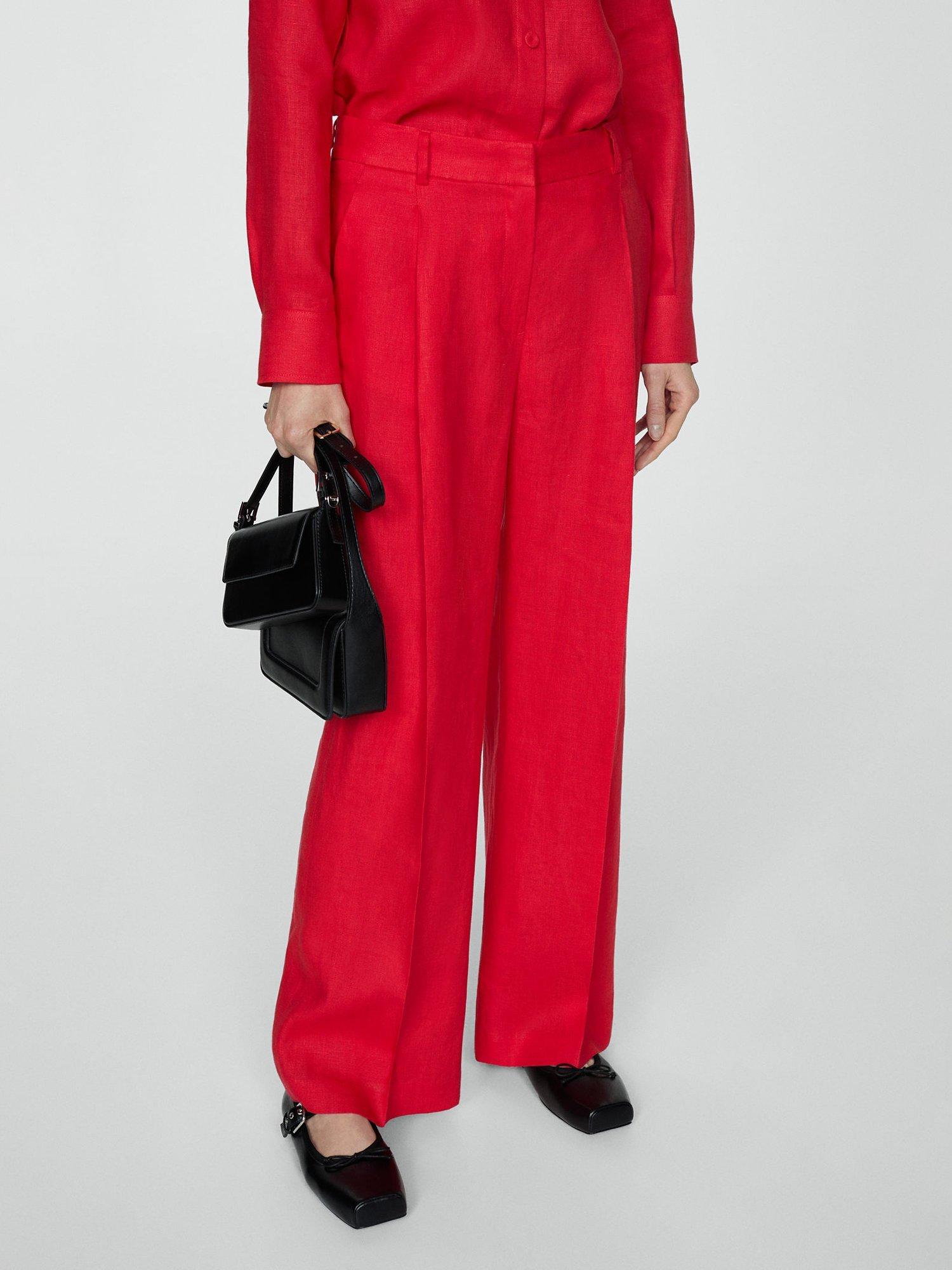 Mango Linen Straight Leg Trousers, Bright Red