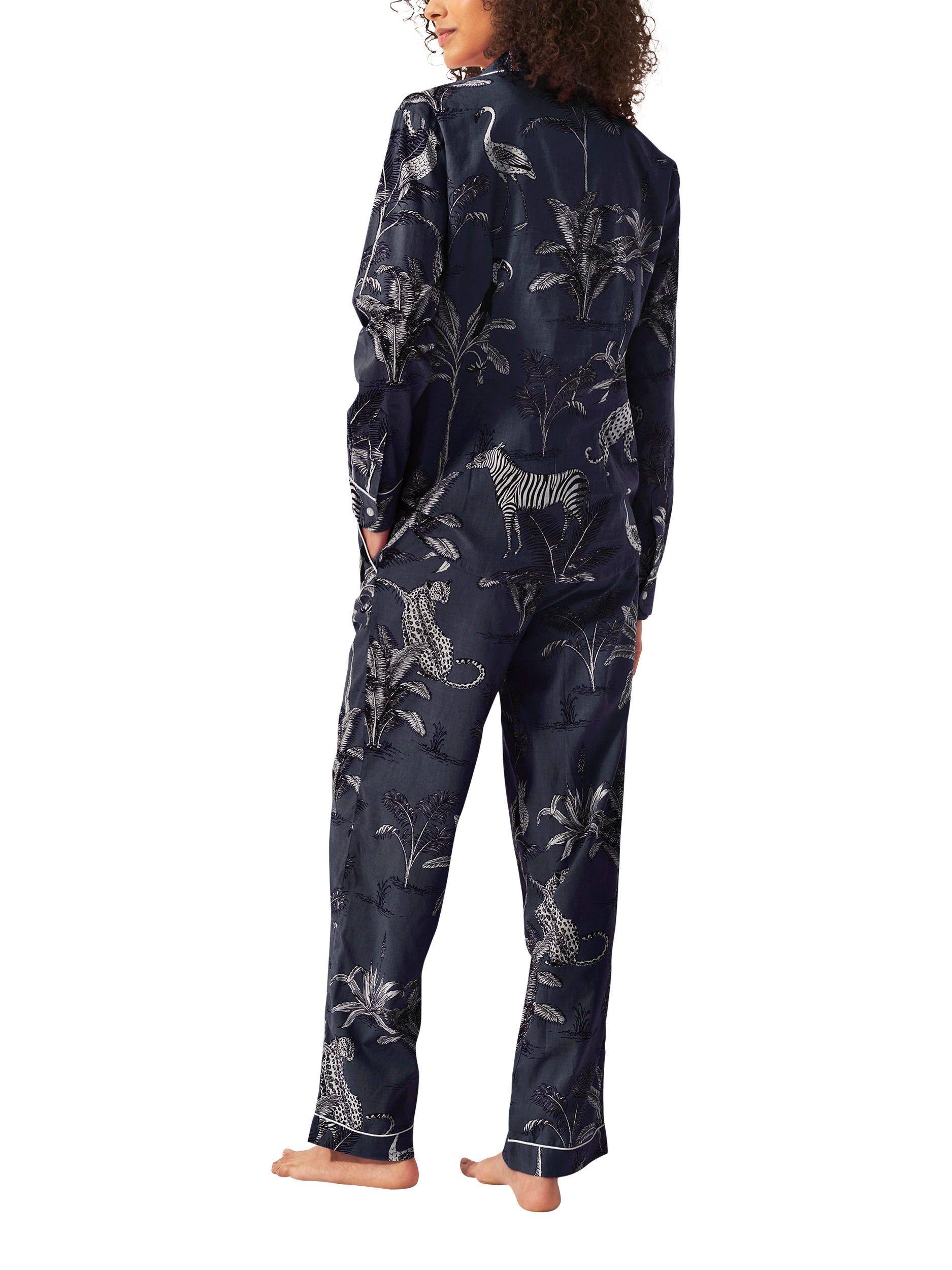 Product image 3 of 3, which shows myza Botanical Jungle Organic Cotton Long Sleeve Pyjama Trouser Set, Navy/Multi, XS