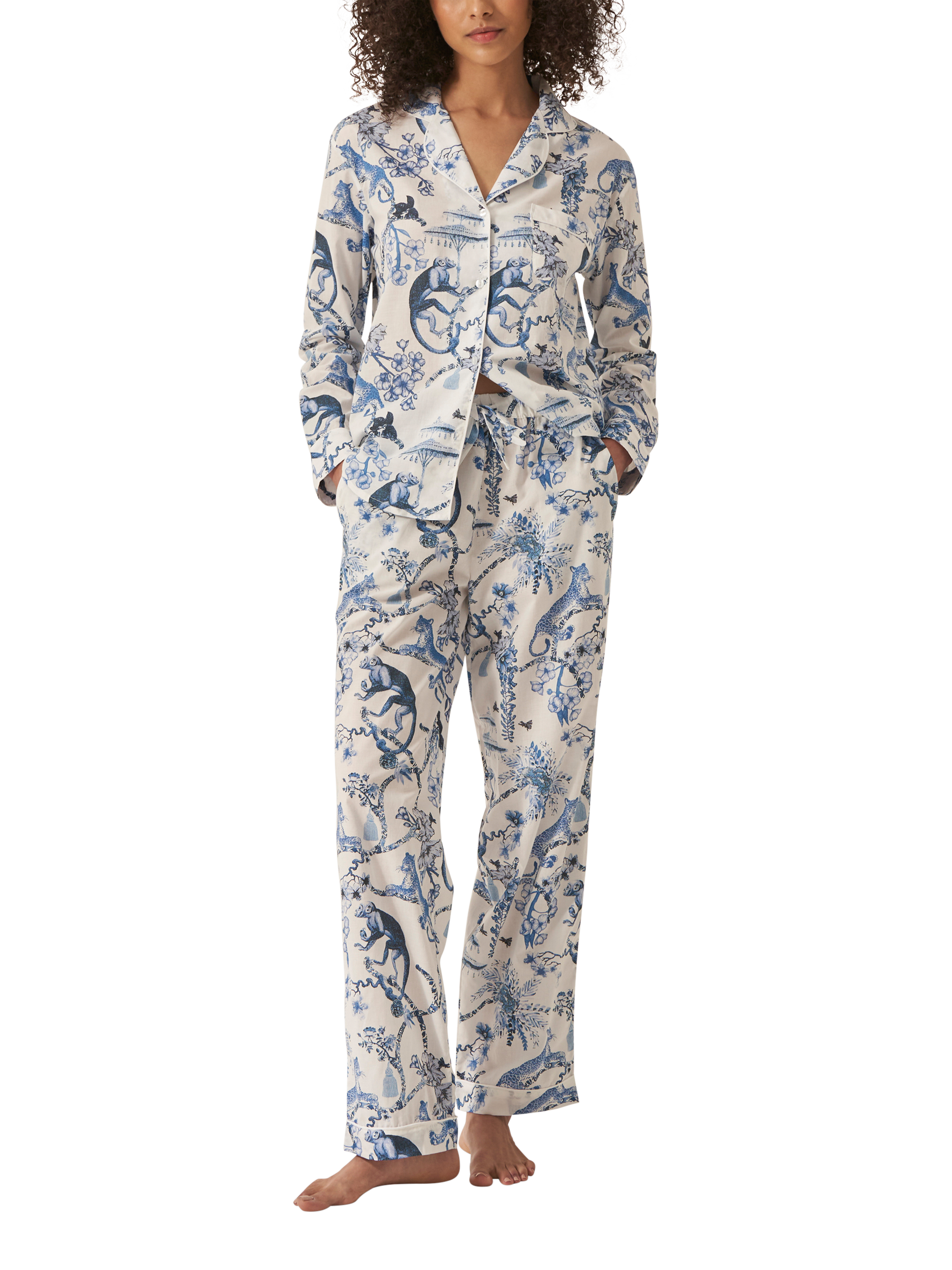 Product image 1 of 3, which shows myza Chinoiserie Organic Cotton Long Sleeve Pyjama Trouser Set, Blue, S
