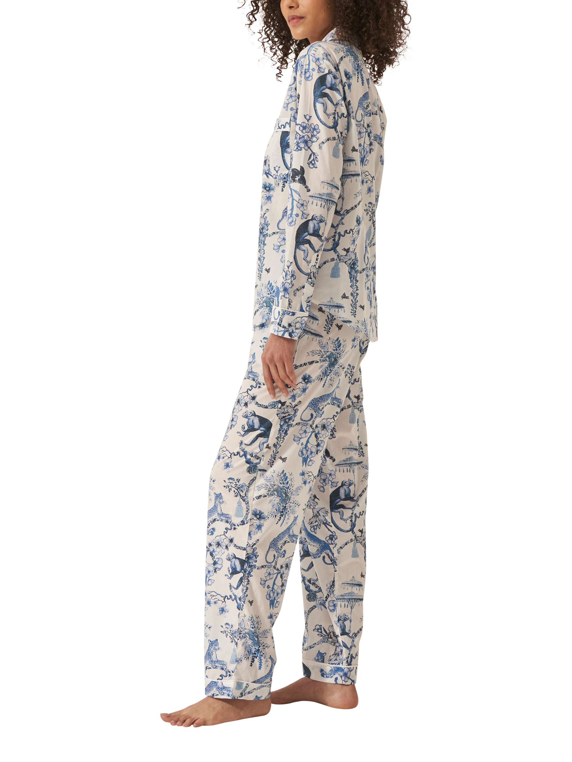 Product image 2 of 3, which shows myza Chinoiserie Organic Cotton Long Sleeve Pyjama Trouser Set, Blue, S