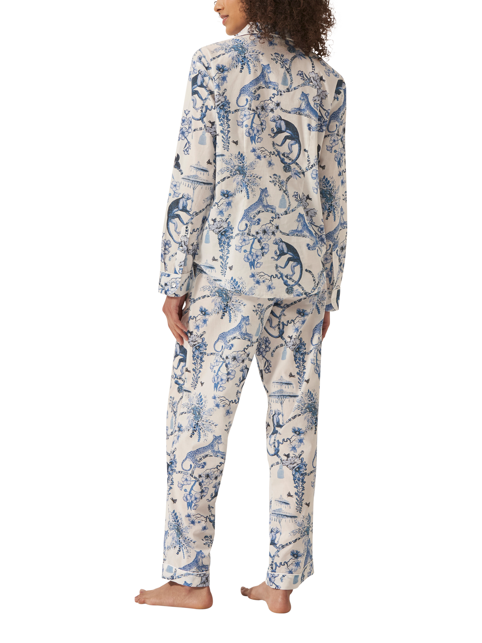 Product image 3 of 3, which shows myza Chinoiserie Organic Cotton Long Sleeve Pyjama Trouser Set, Blue, S