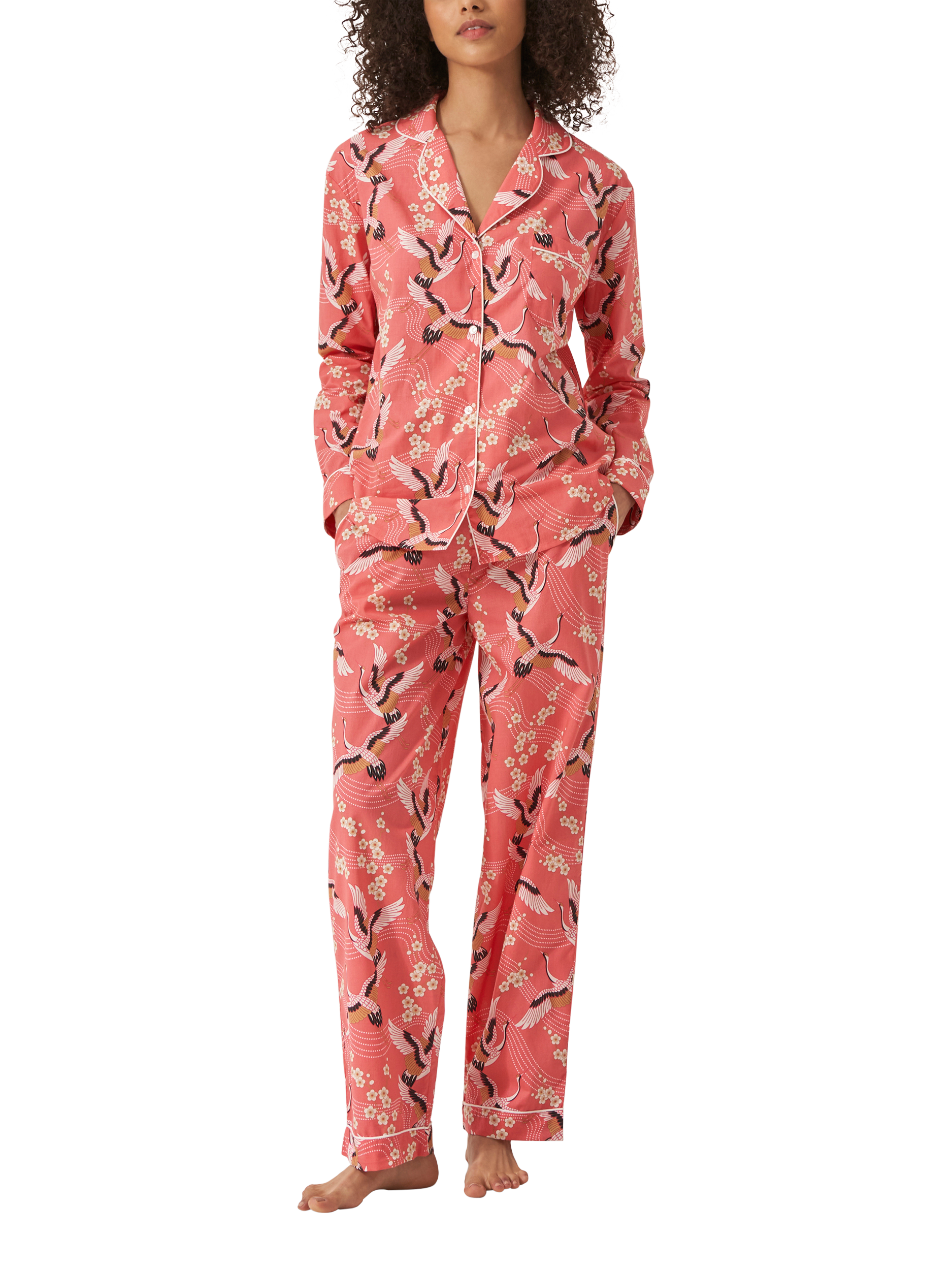 Product image 1 of 4, which shows myza Crane Organic Cotton Long Sleeve Pyjama Trouser Set, Coral/Multi, XS