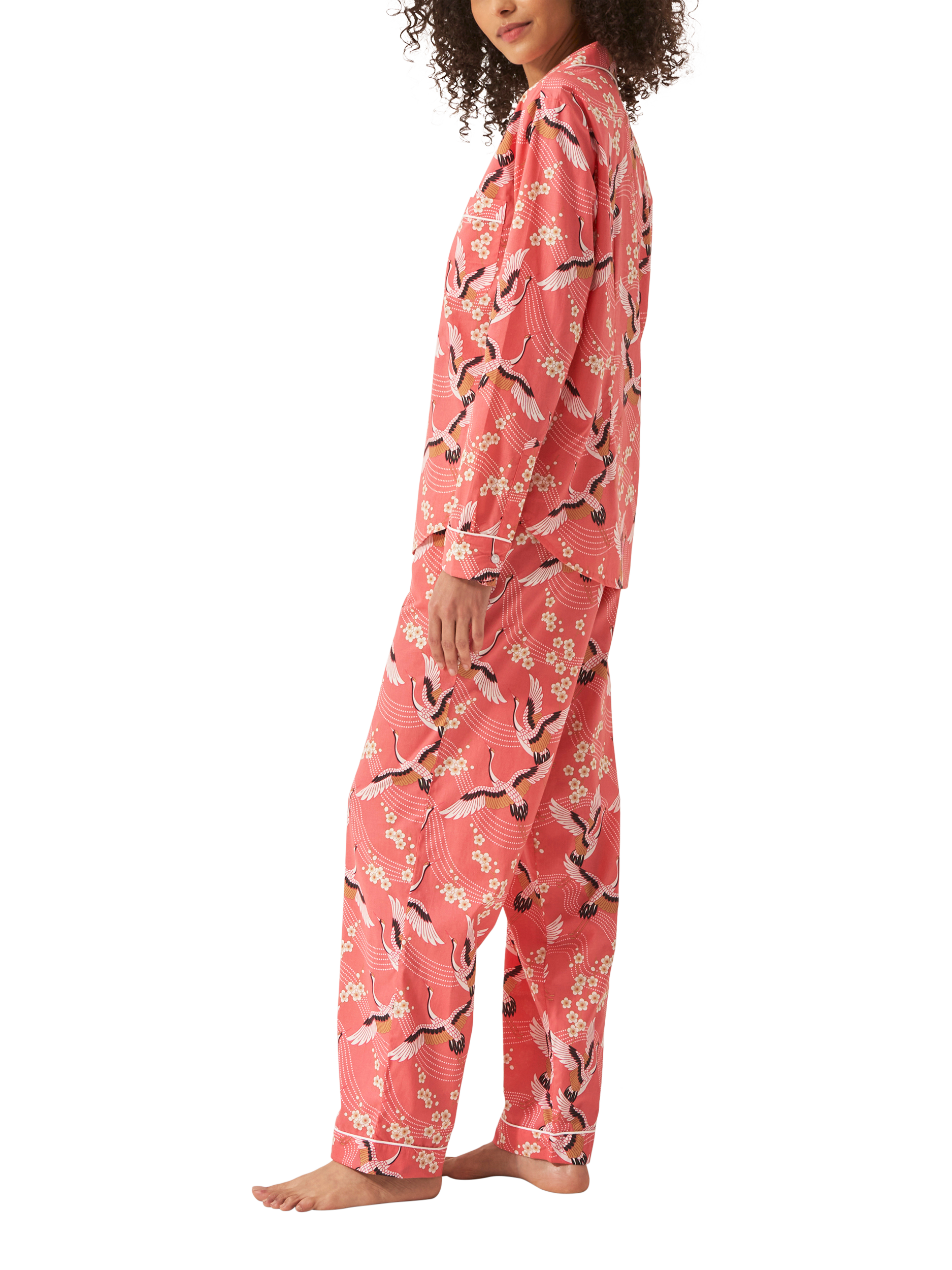 Product image 2 of 4, which shows myza Crane Organic Cotton Long Sleeve Pyjama Trouser Set, Coral/Multi, XS