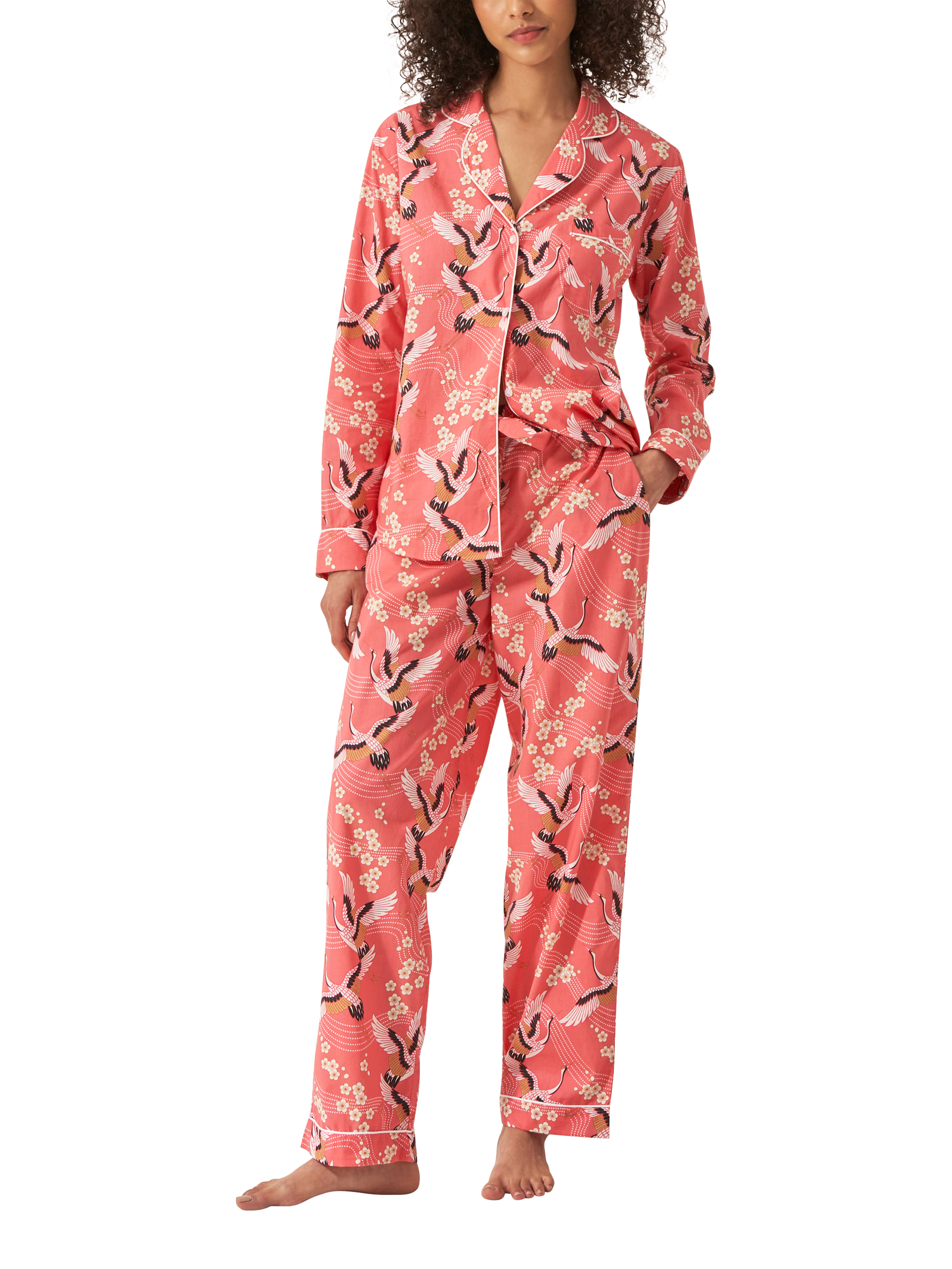 Product image 3 of 4, which shows myza Crane Organic Cotton Long Sleeve Pyjama Trouser Set, Coral/Multi, XS