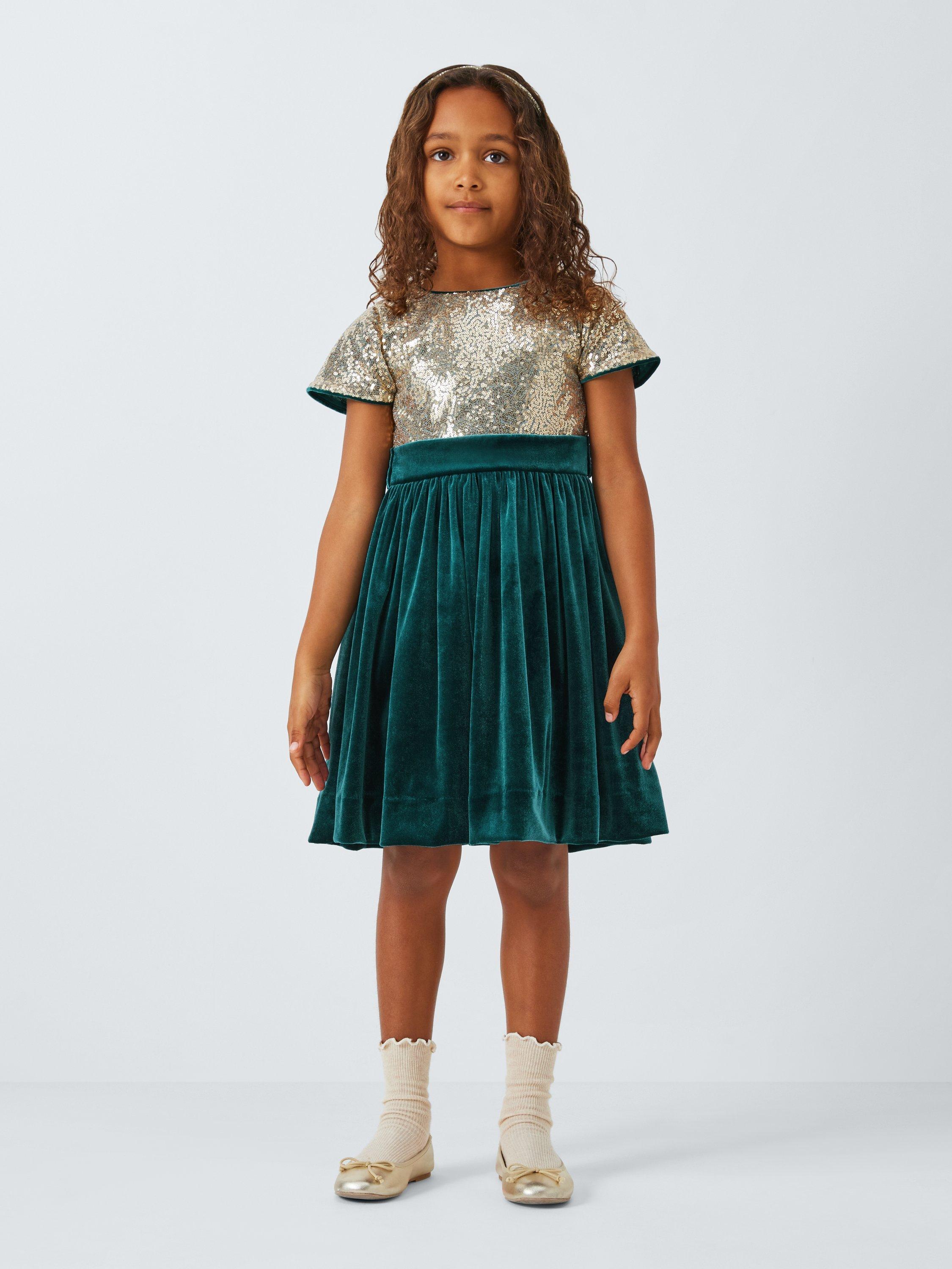 John Lewis Heirloom Collection Half Velvet Party Dress, Green