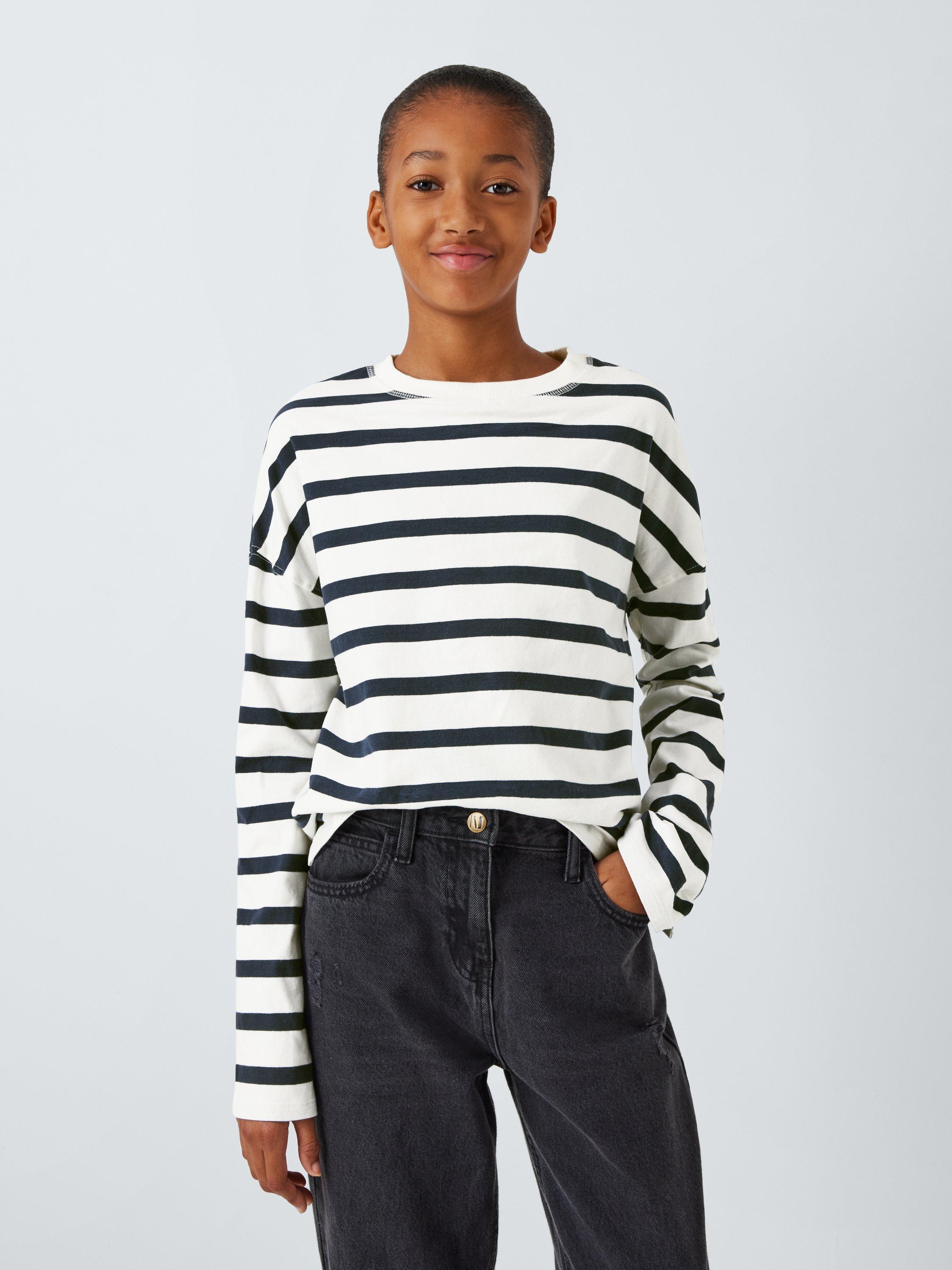 John Lewis Kids' Breton Stripe Long Sleeve Top, Navy/White
