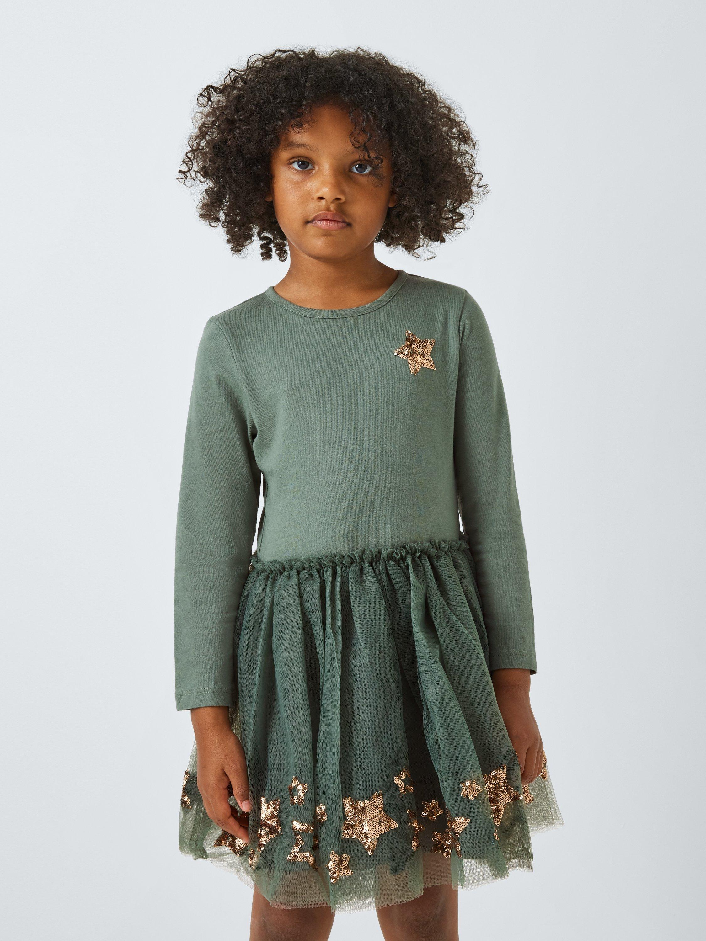 Product image 1 of 7, which shows John Lewis Kids' Star Tulle Dress, Forest Green, 8 years