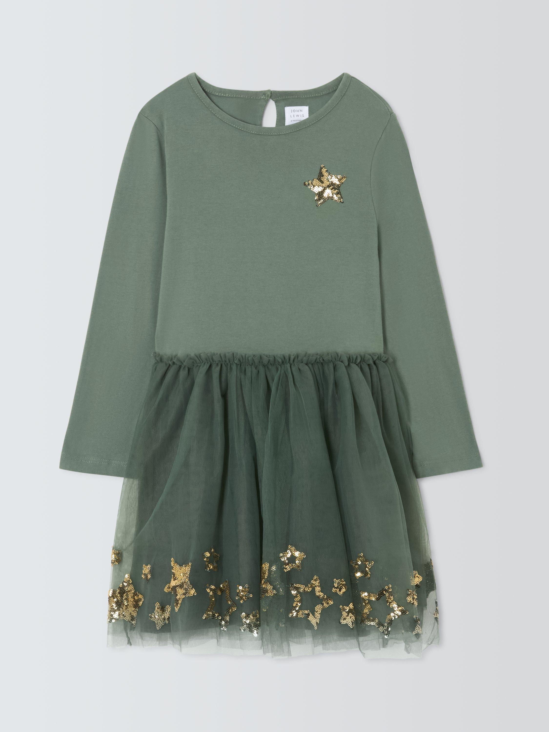 Product image 3 of 7, which shows John Lewis Kids' Star Tulle Dress, Forest Green, 8 years