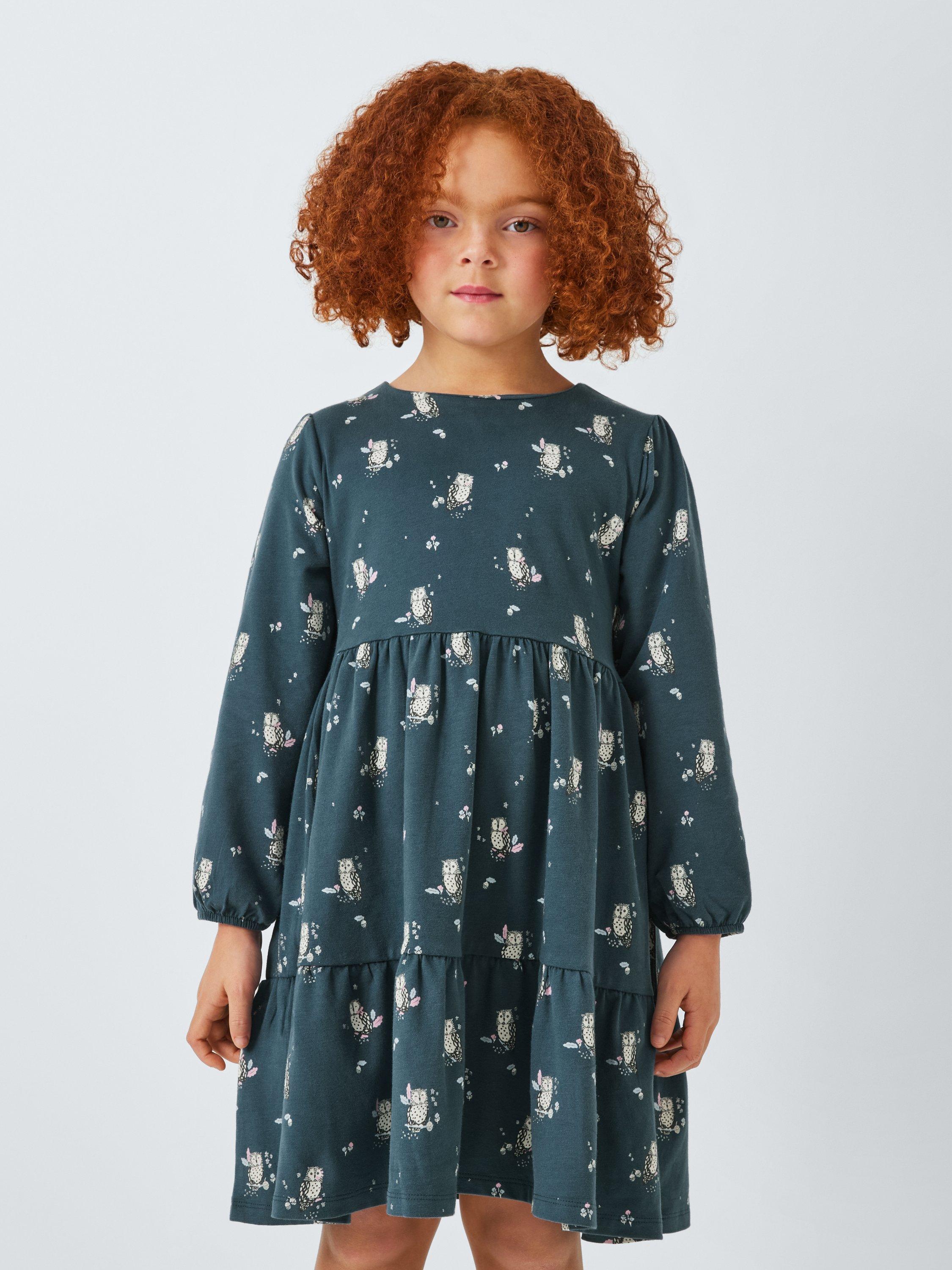 Product image 1 of 7, which shows John Lewis Kids' Owls Tiered Dress, Dark Blue, 5 years