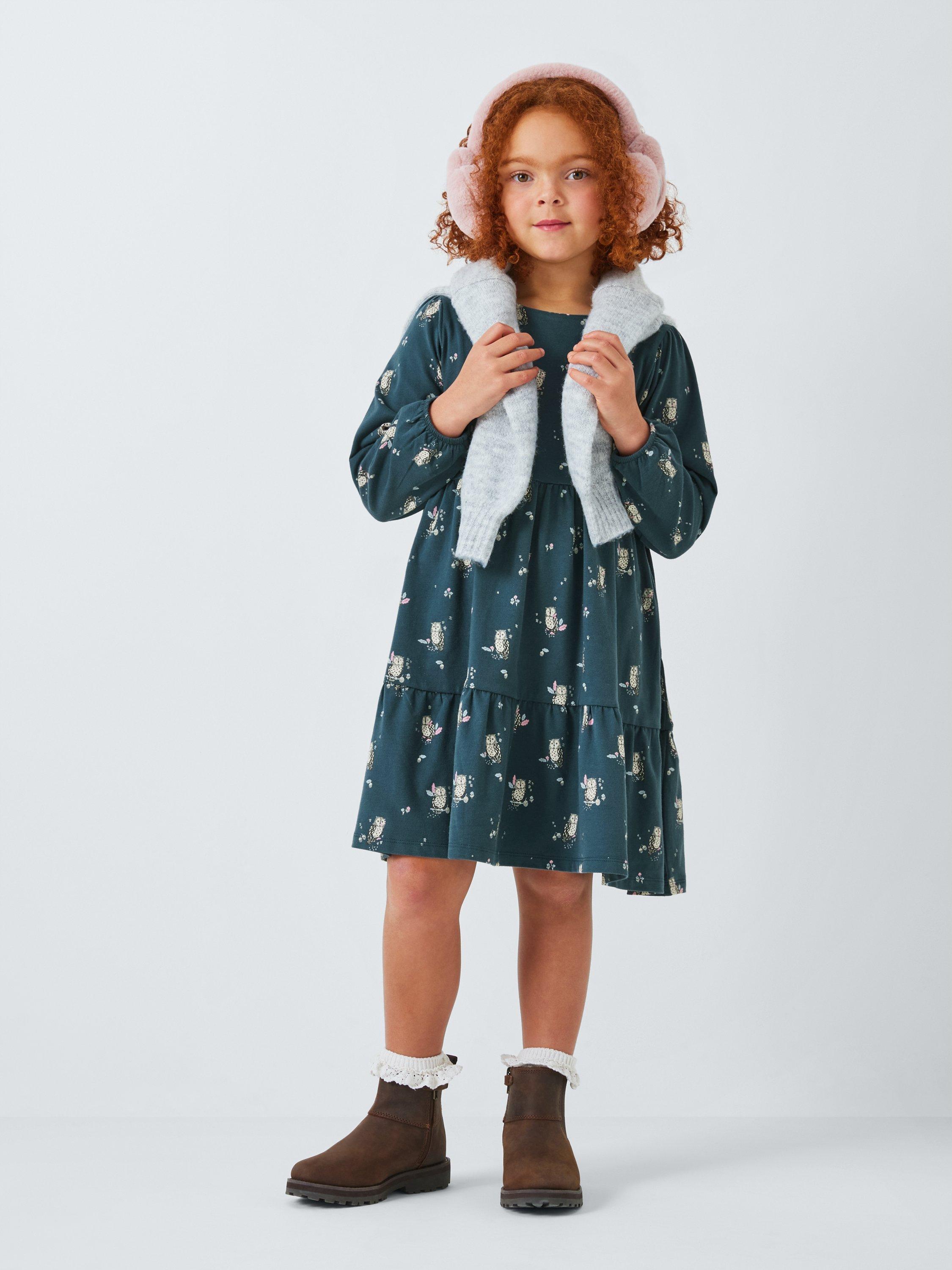 Product image 2 of 7, which shows John Lewis Kids' Owls Tiered Dress, Dark Blue, 5 years