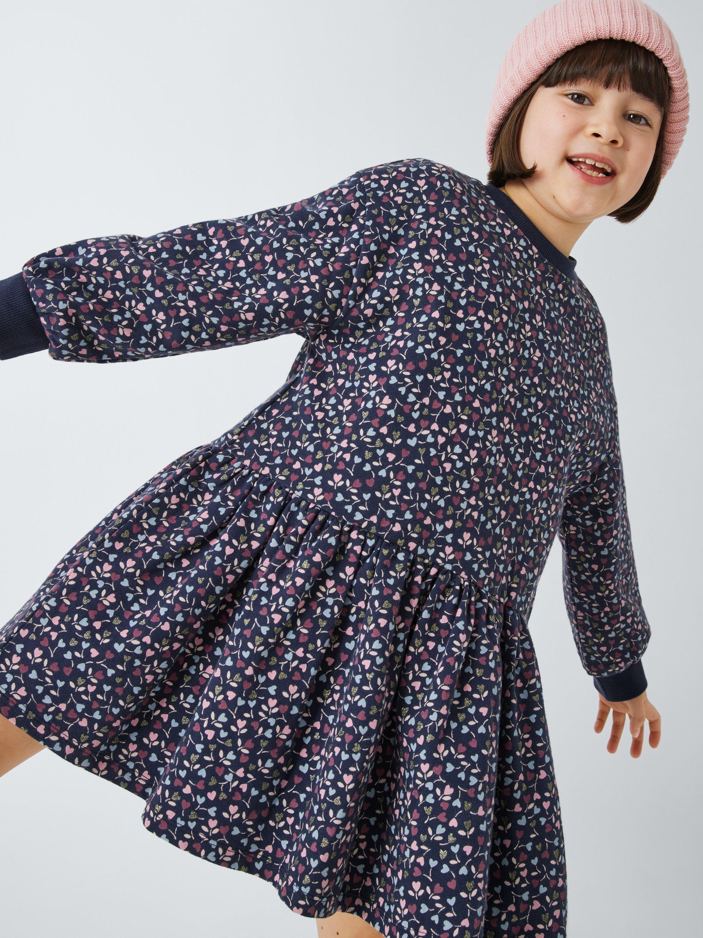 Product image 4 of 8, which shows John Lewis Kids' Hearts Jersey Dress, Navy, 2 years