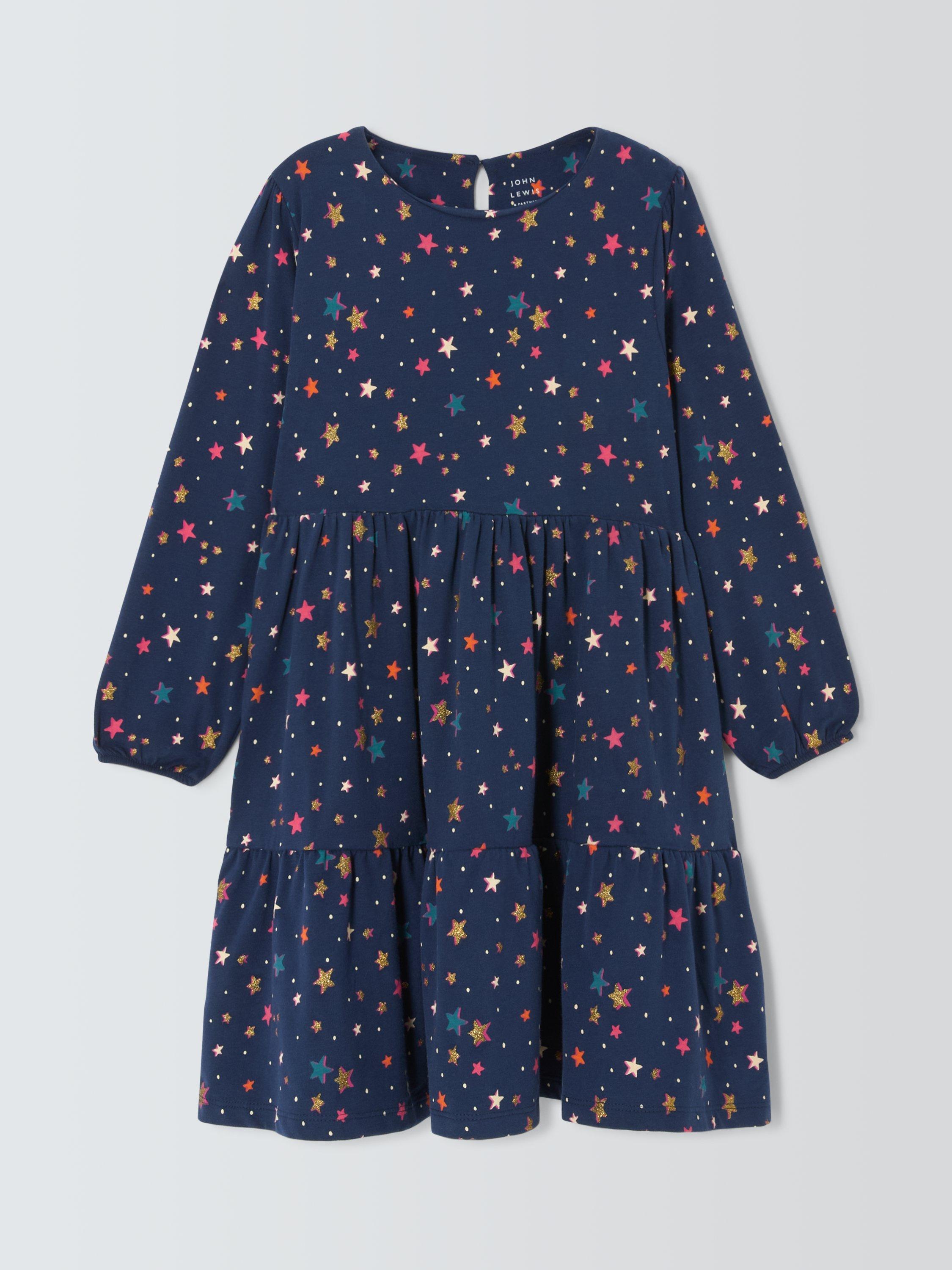 John Lewis Kids Stars Tiered Jersey Dress Navy