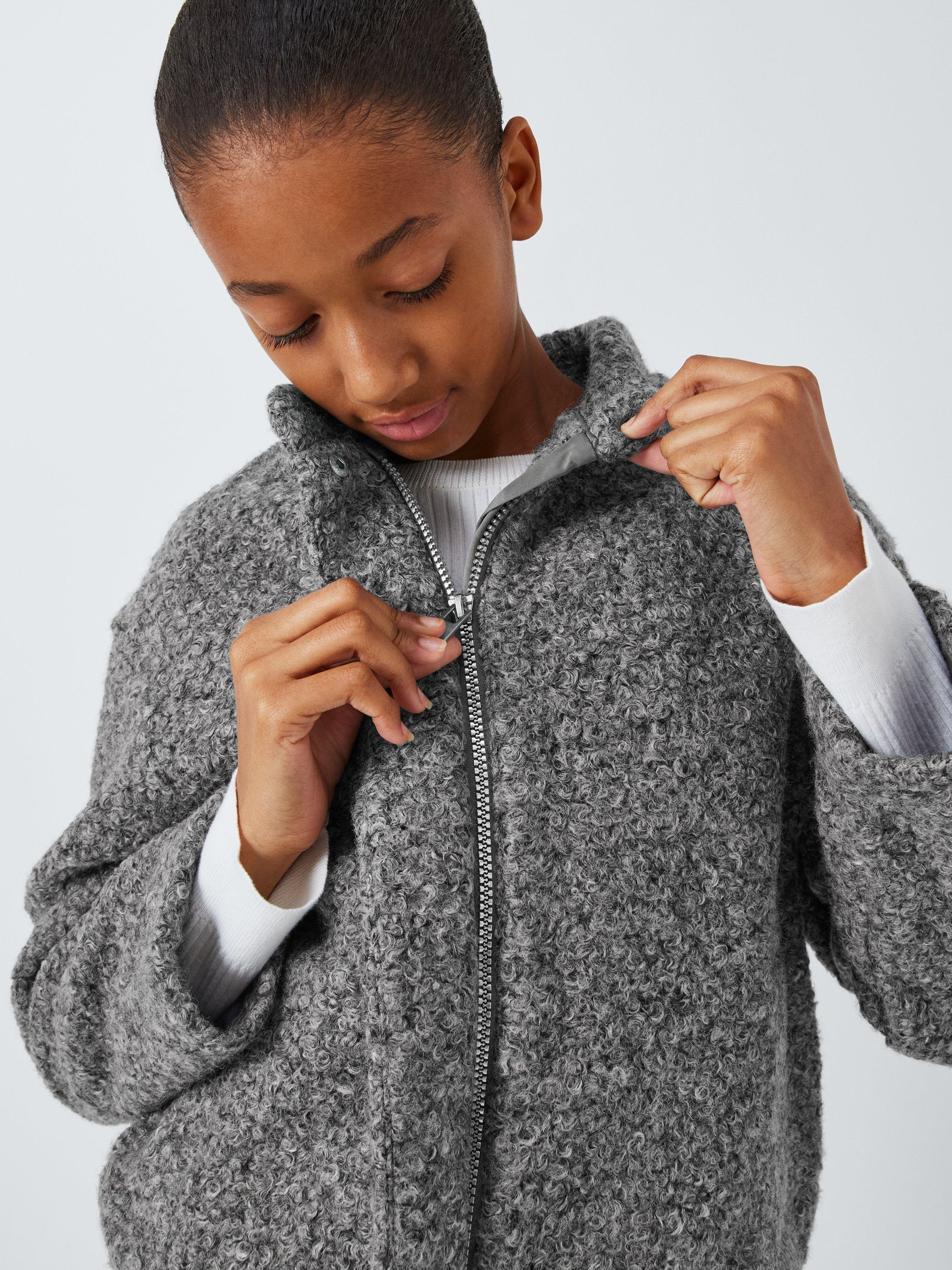 Product image 4 of 7, which shows John Lewis Boucle Bomber Jacket, Dark Grey, 8 years