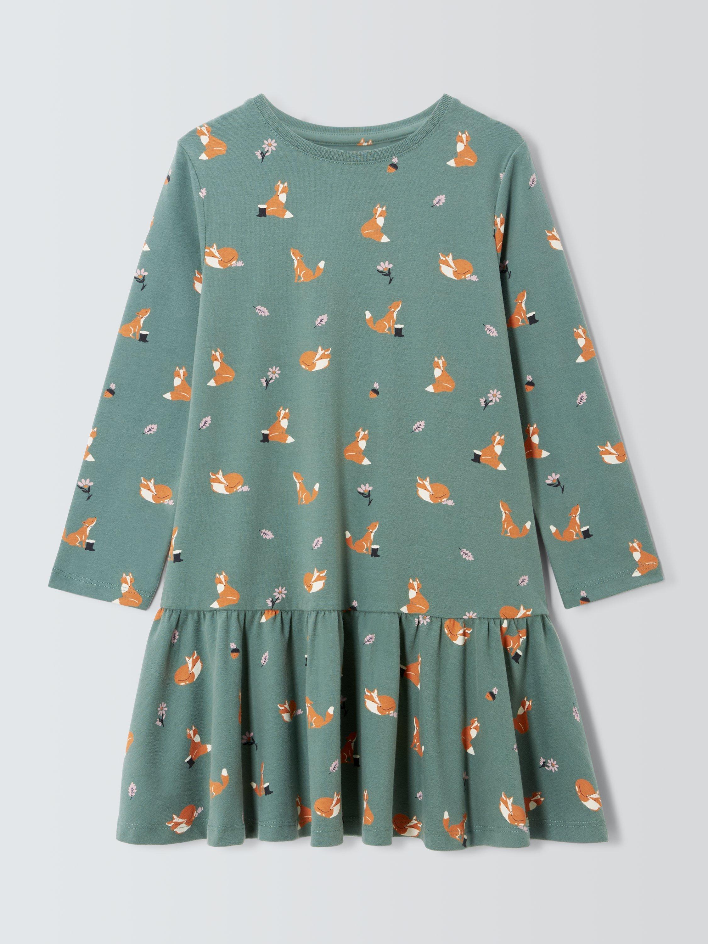 John Lewis Kids Fox Jersey Dress Forest Green