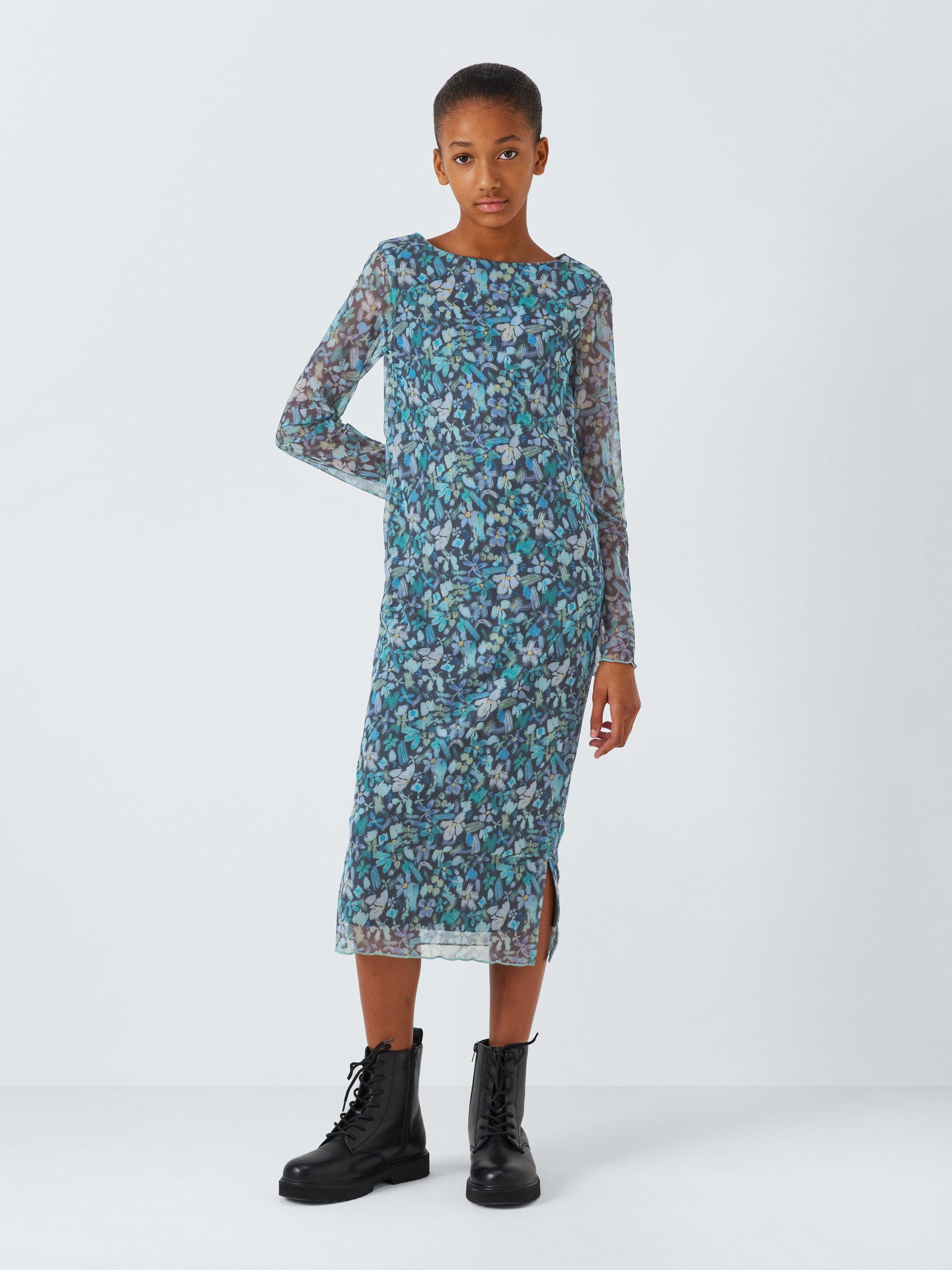 Product image 1 of 7, which shows John Lewis Kids' Floral Mesh Dress, Blue/Multi, 10 years