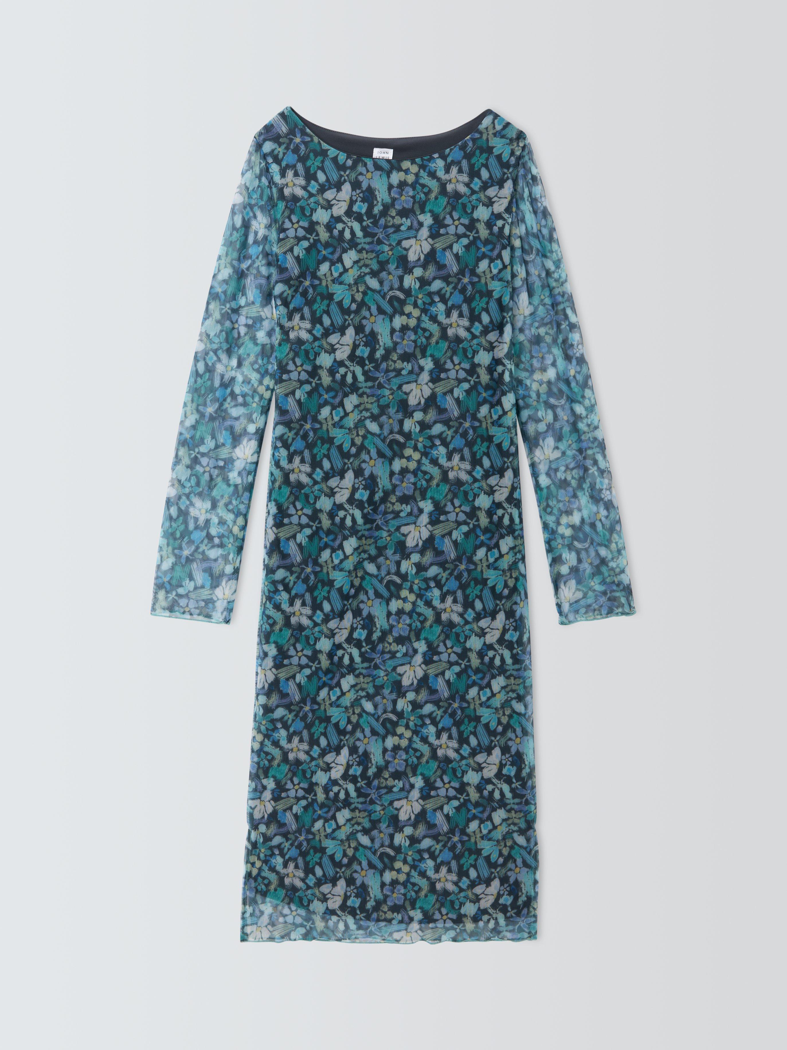 Product image 3 of 7, which shows John Lewis Kids' Floral Mesh Dress, Blue/Multi, 10 years