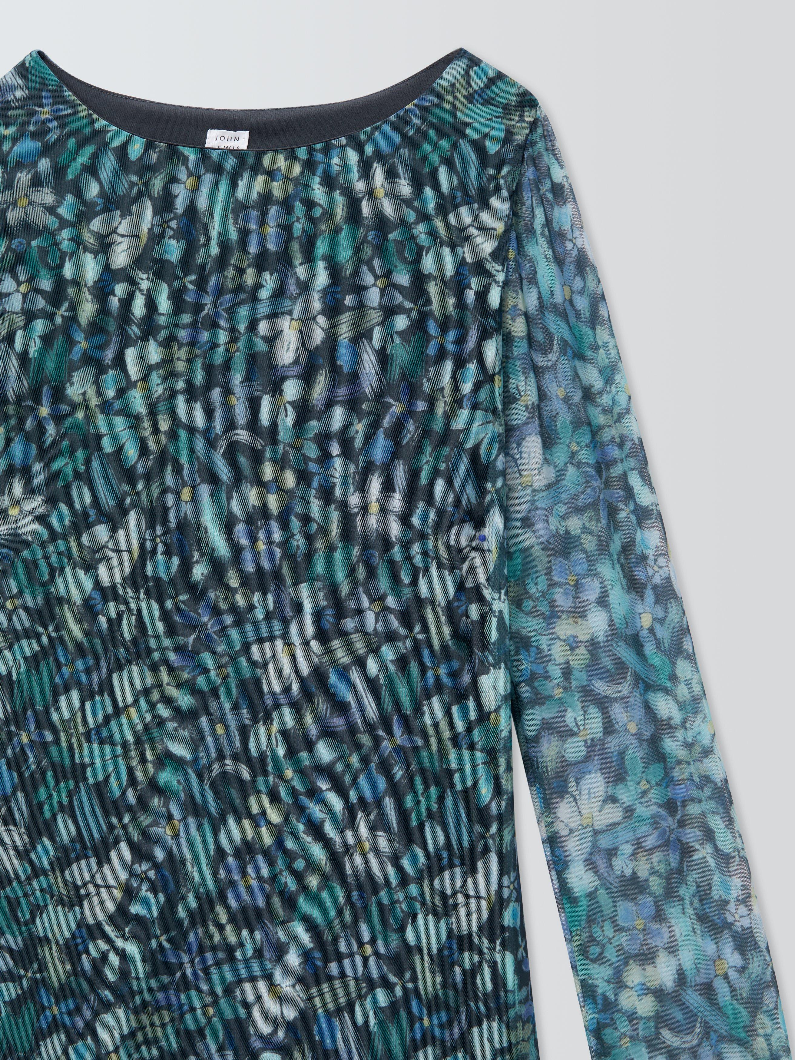 Product image 6 of 7, which shows John Lewis Kids' Floral Mesh Dress, Blue/Multi, 10 years