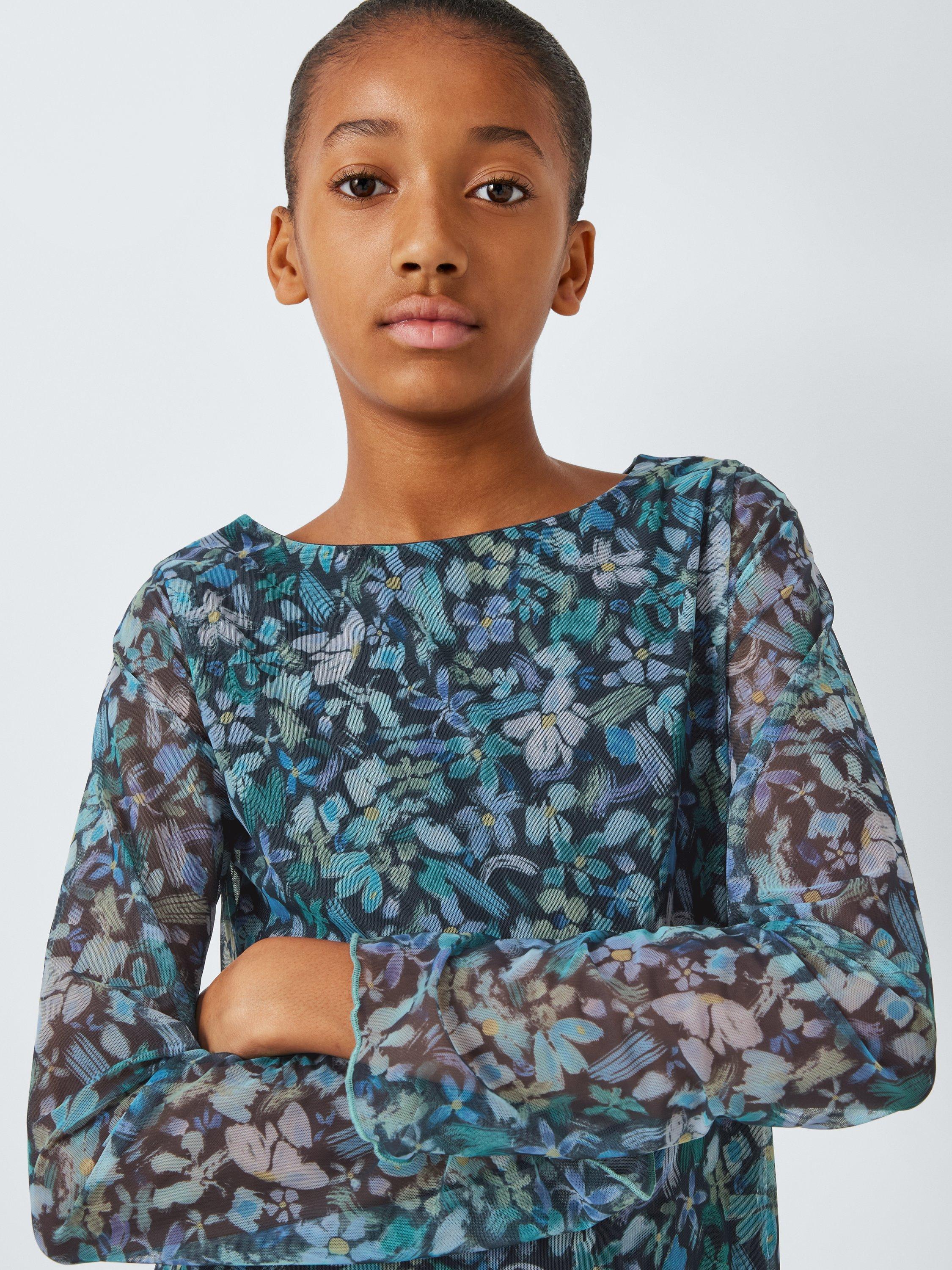 Product image 4 of 7, which shows John Lewis Kids' Floral Mesh Dress, Blue/Multi, 10 years