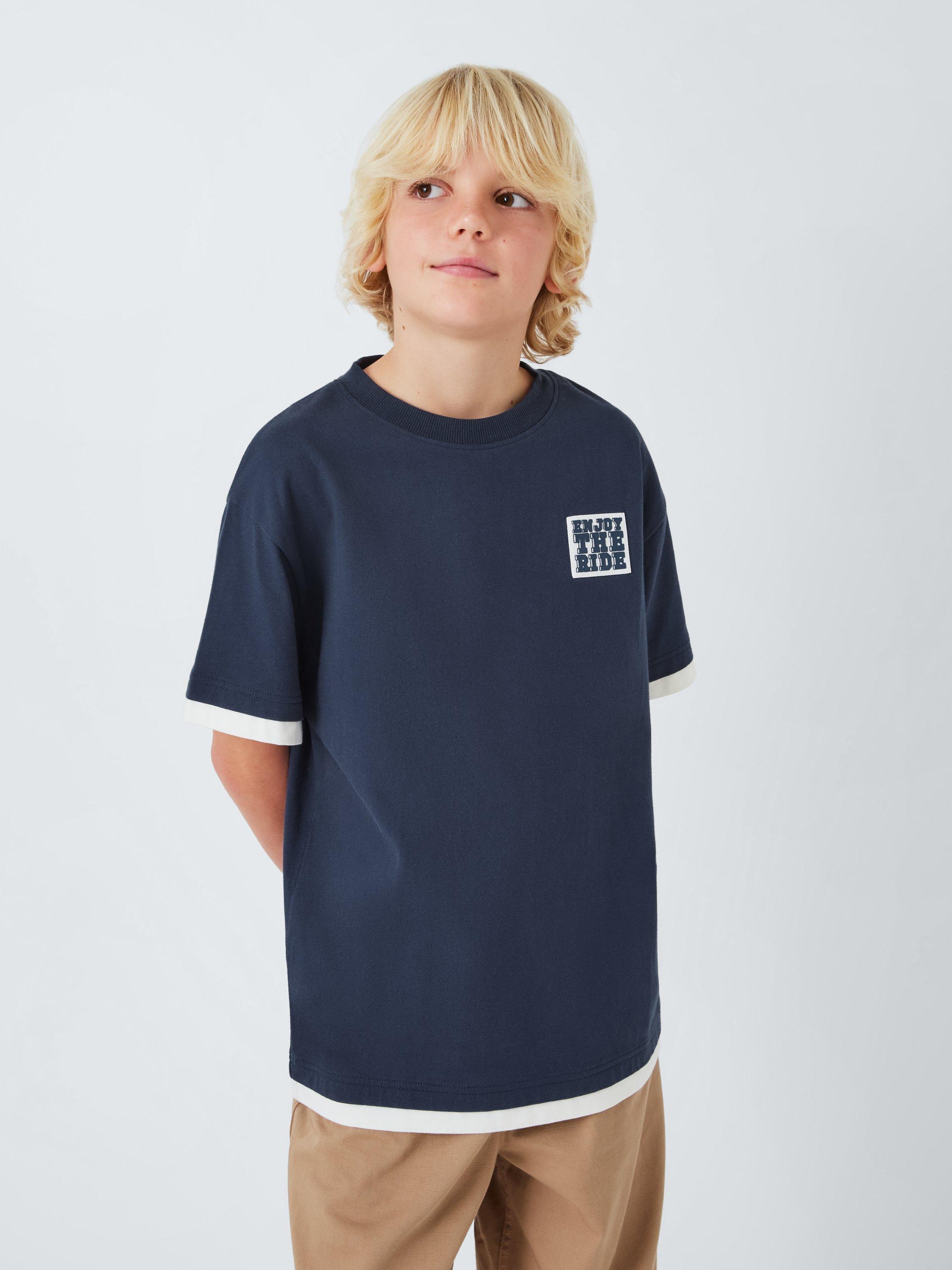 Product image 1 of 7, which shows John Lewis Kids' Slogan Mock Layer Sleeve T-Shirt, Navy, 10 years