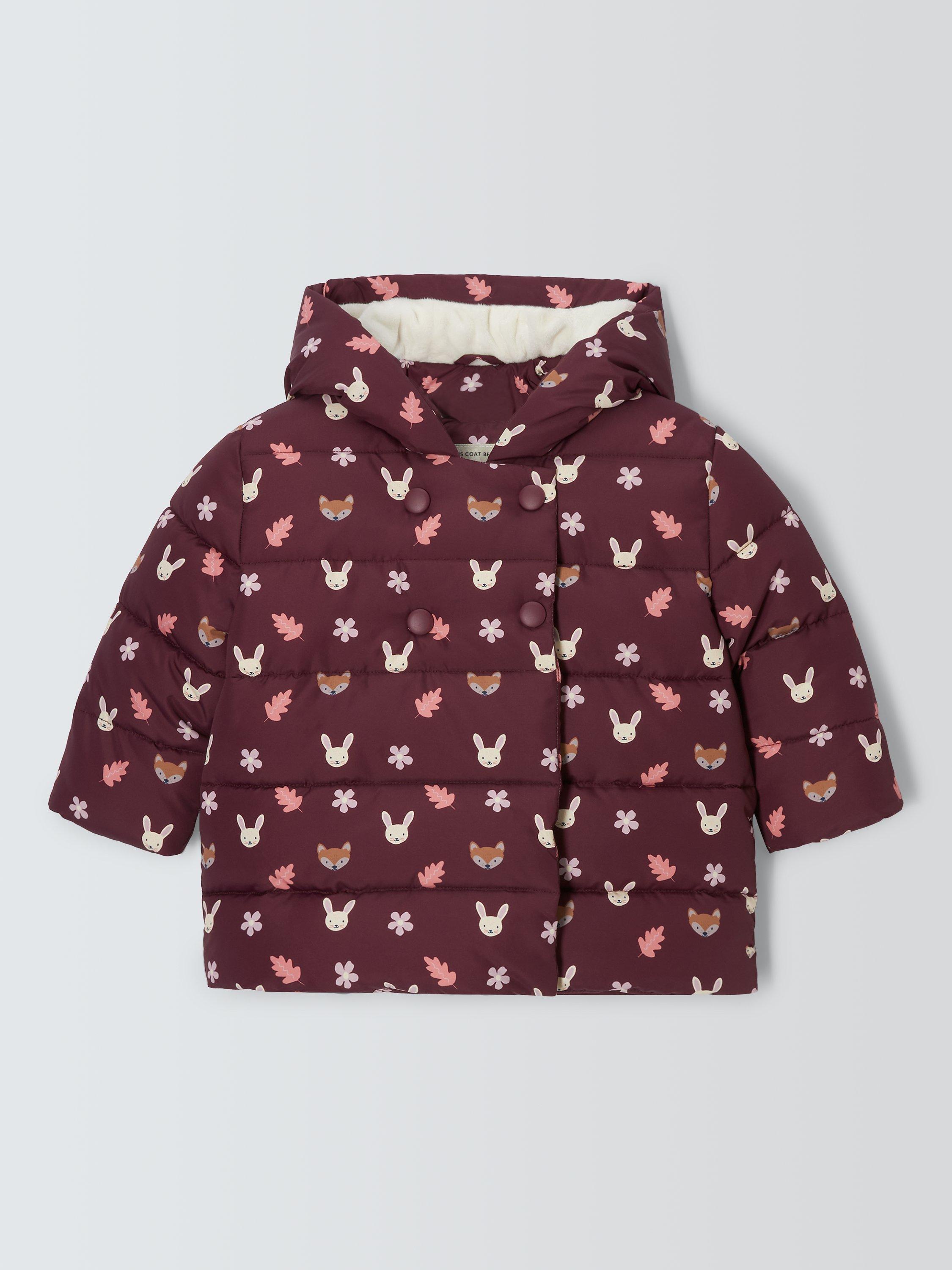 Product image 1 of 3, which shows John Lewis Baby Animal Faces Shower Resistant Double Breasted Jacket, Berry, 3-6 months
