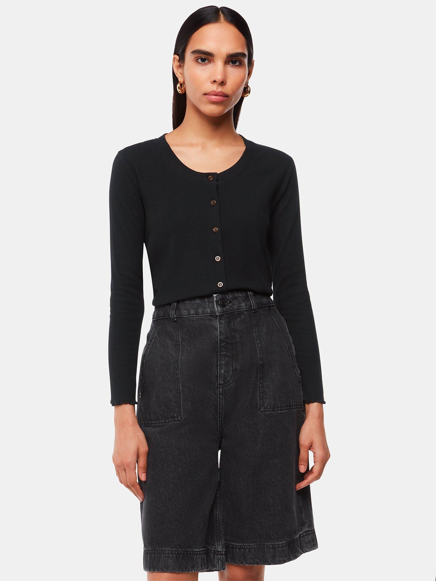 Whistles Ribbed Jersey Button Front Top, Black