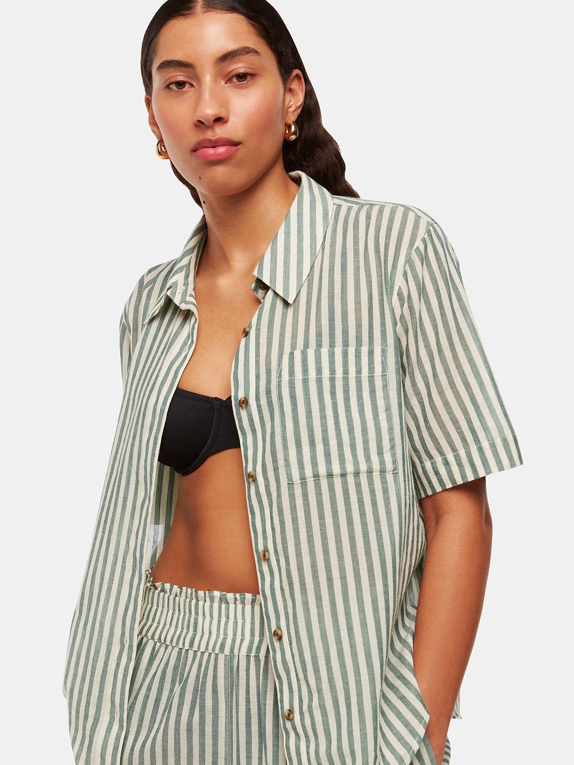 Product image 1 of 5, which shows Whistles Striped Cotton Beach Shirt, Green/Multi, M