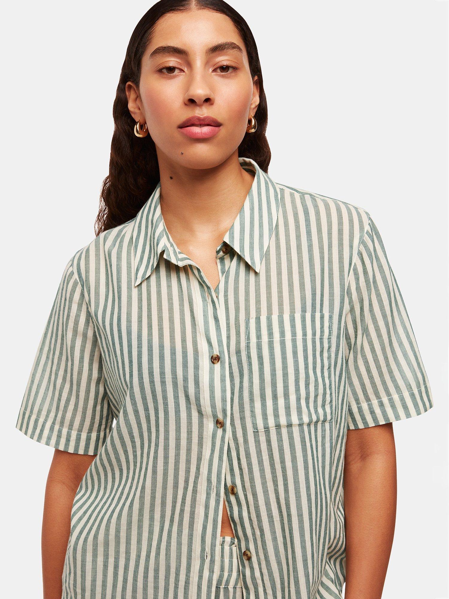 Product image 4 of 5, which shows Whistles Striped Cotton Beach Shirt, Green/Multi, M