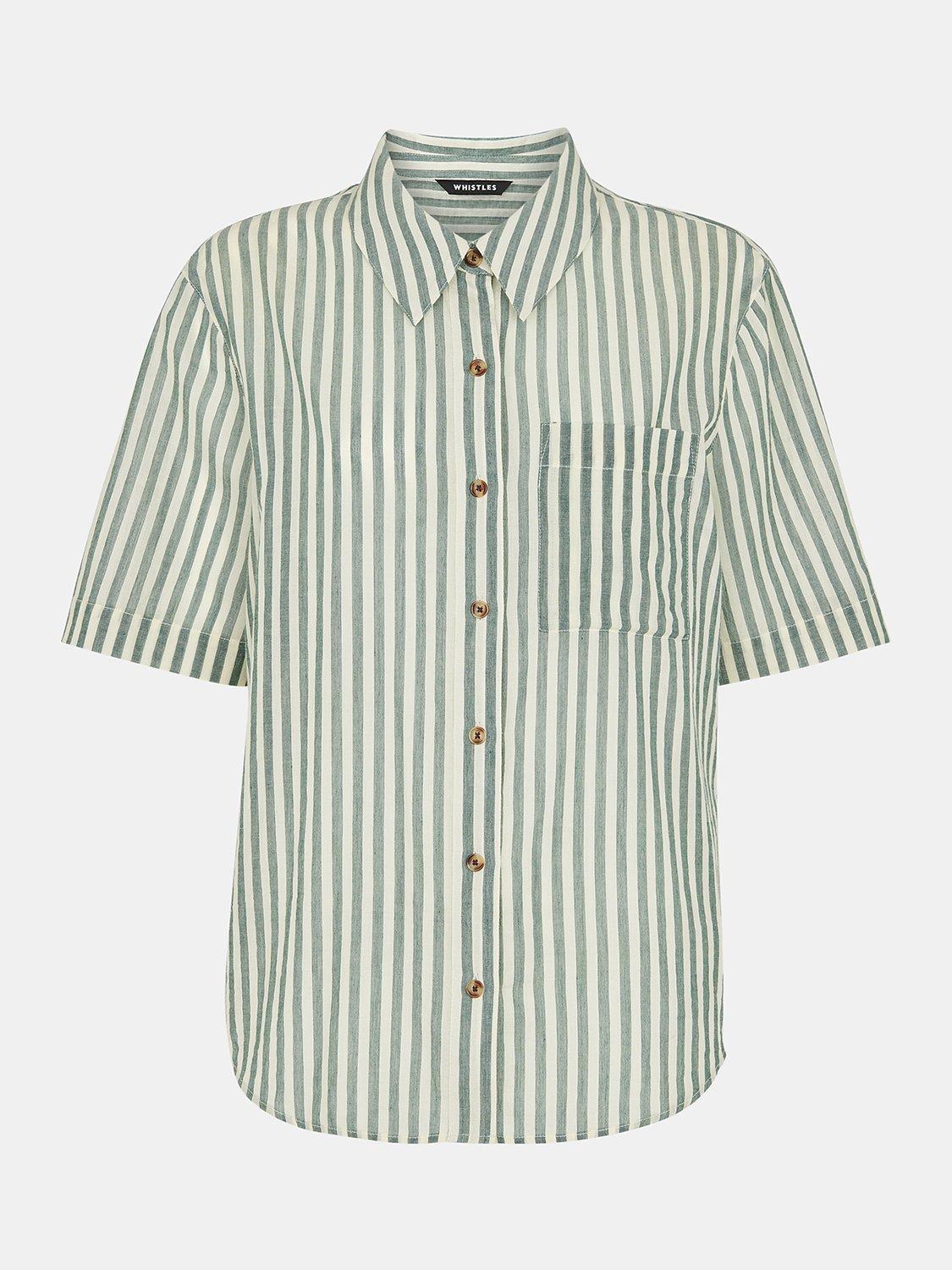 Product image 5 of 5, which shows Whistles Striped Cotton Beach Shirt, Green/Multi, M