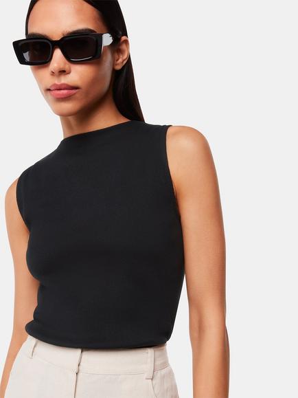 Whistles High Neck Rib Detail Top, Black
