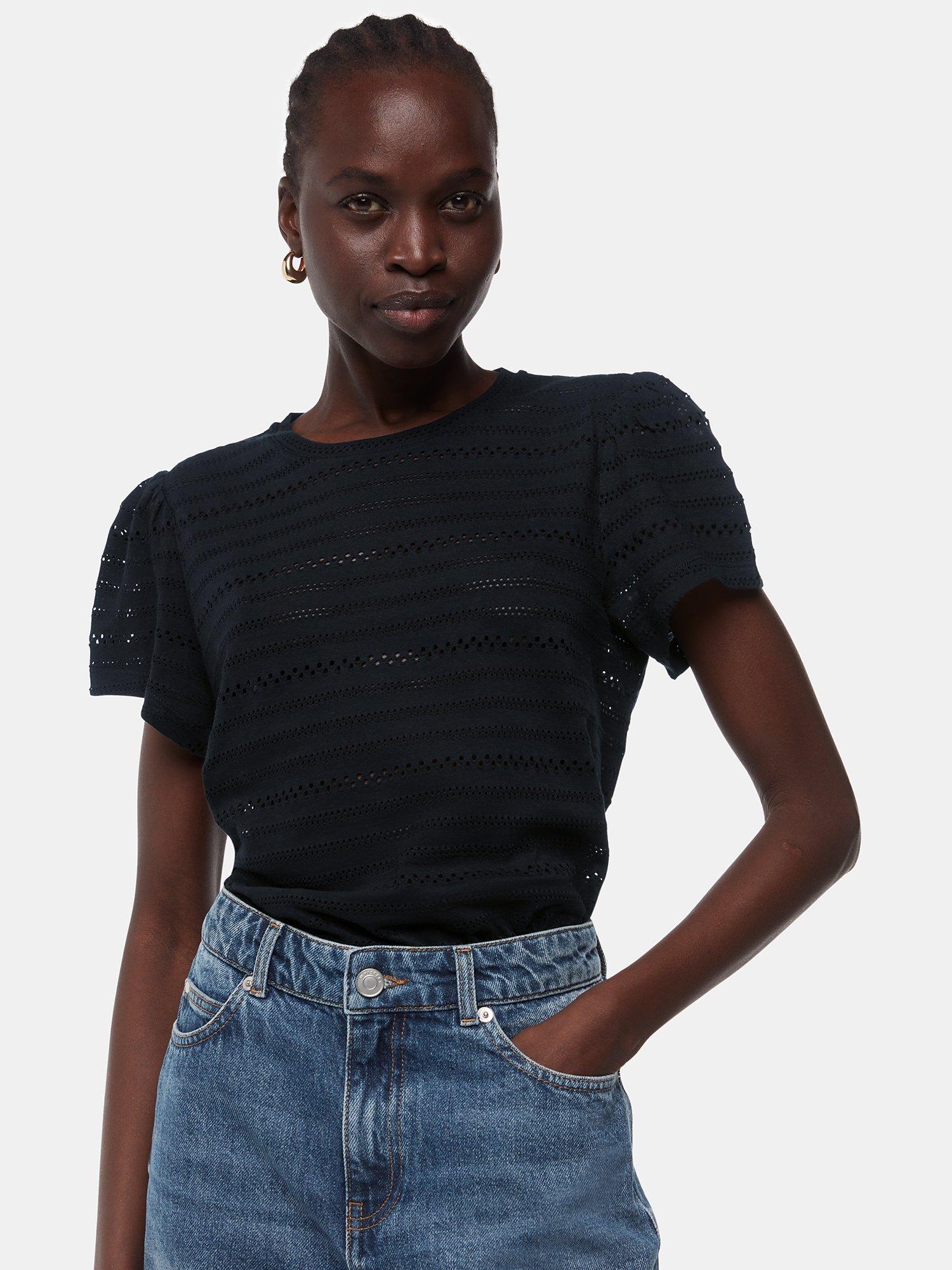 Whistles Cotton Blend Broderie Top, Black