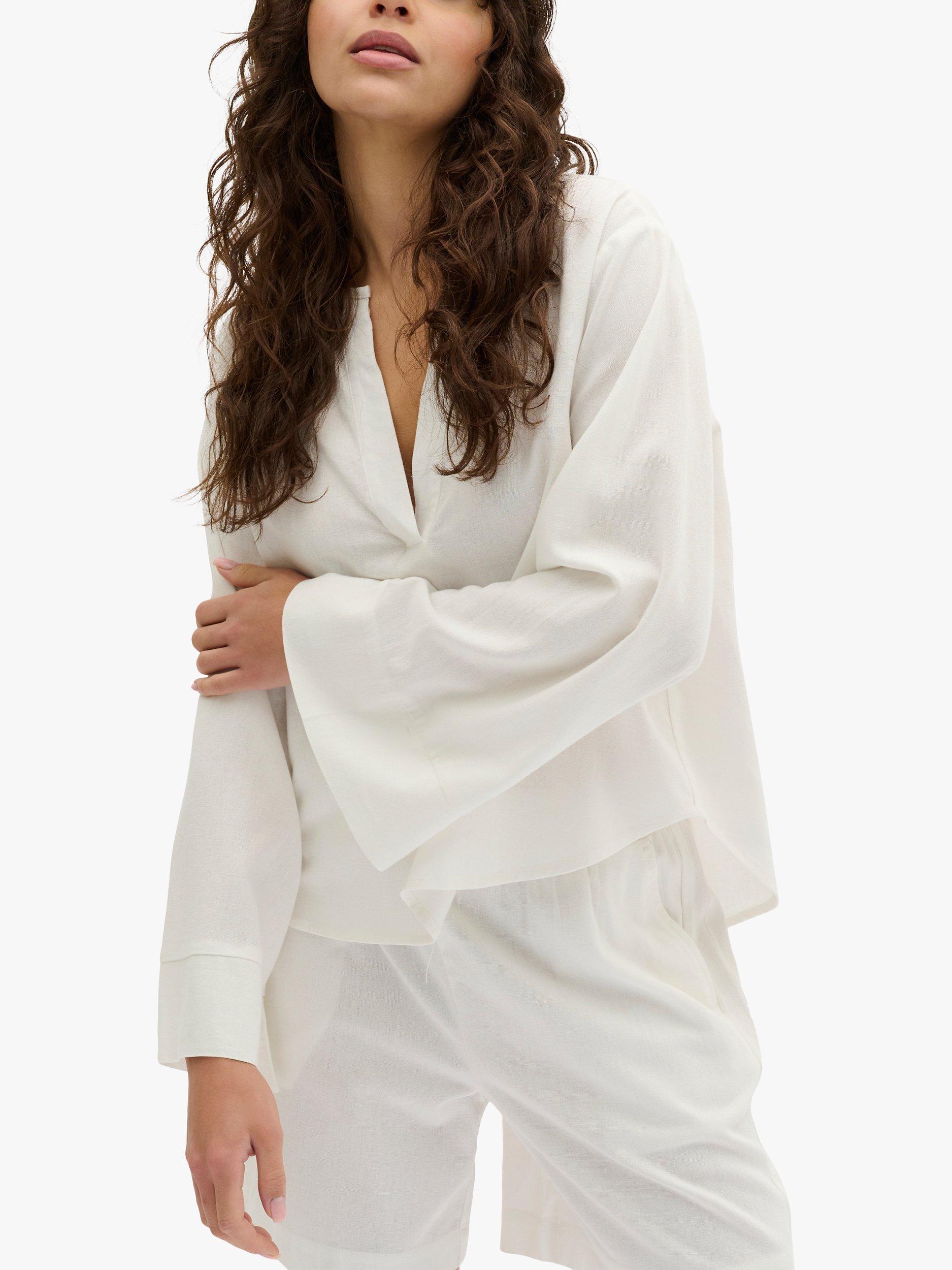 MY ESSENTIAL WARDROBE Dias Wide Sleeve Notch Neck Linen Blend Top, Snow White, 8