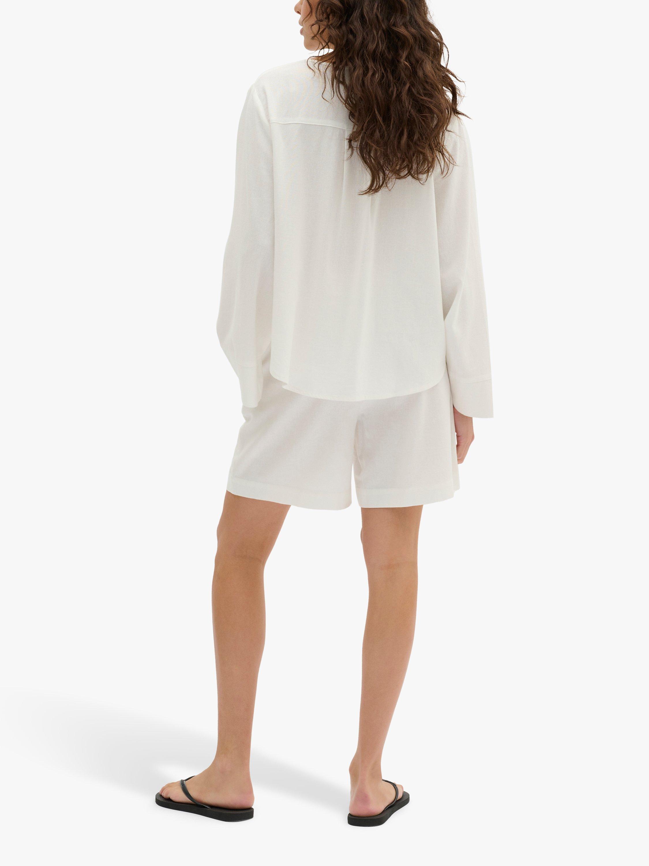 MY ESSENTIAL WARDROBE Dias Wide Sleeve Notch Neck Linen Blend Top, Snow White, 8
