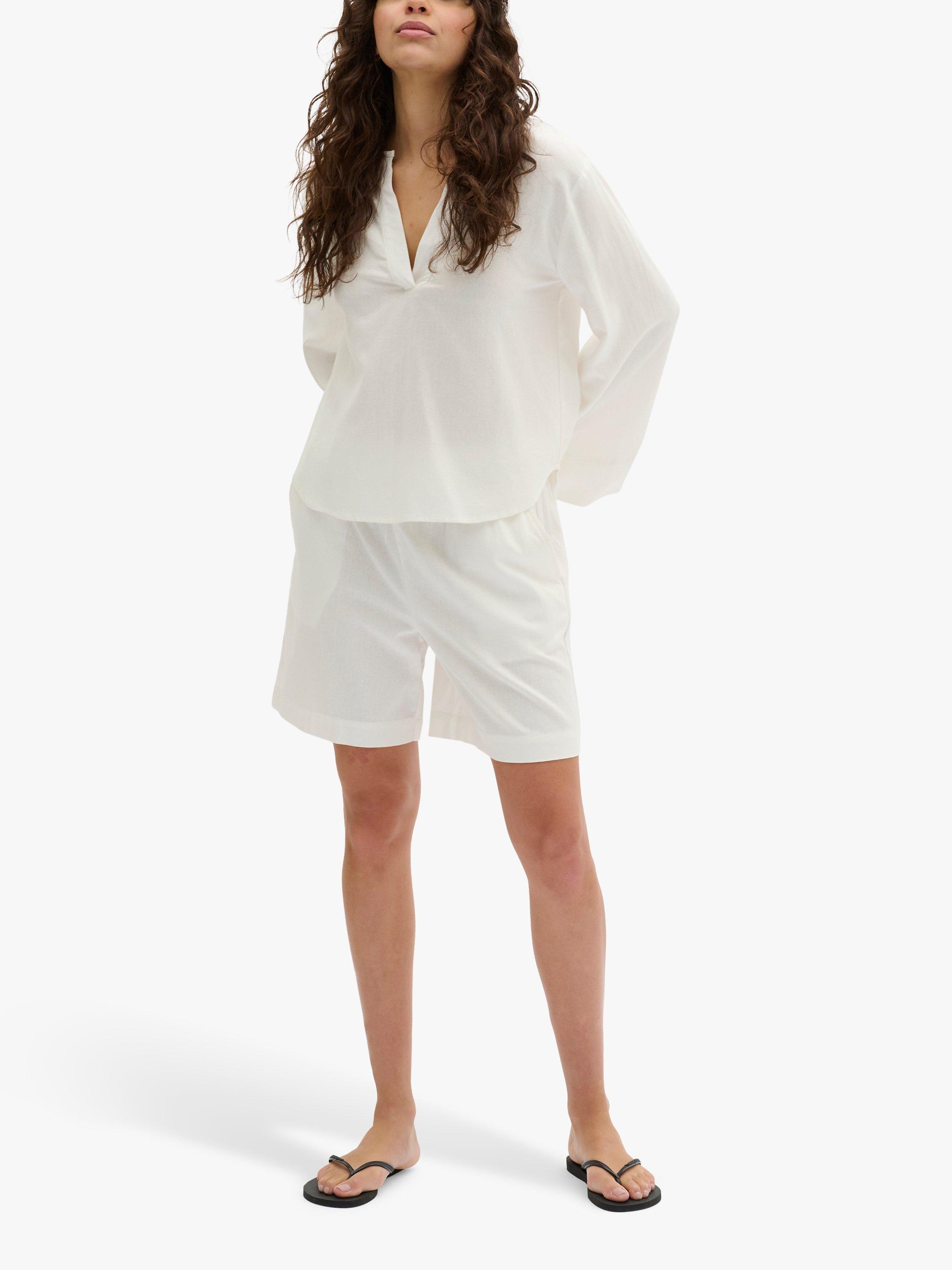 MY ESSENTIAL WARDROBE Dias Wide Sleeve Notch Neck Linen Blend Top, Snow White, 8