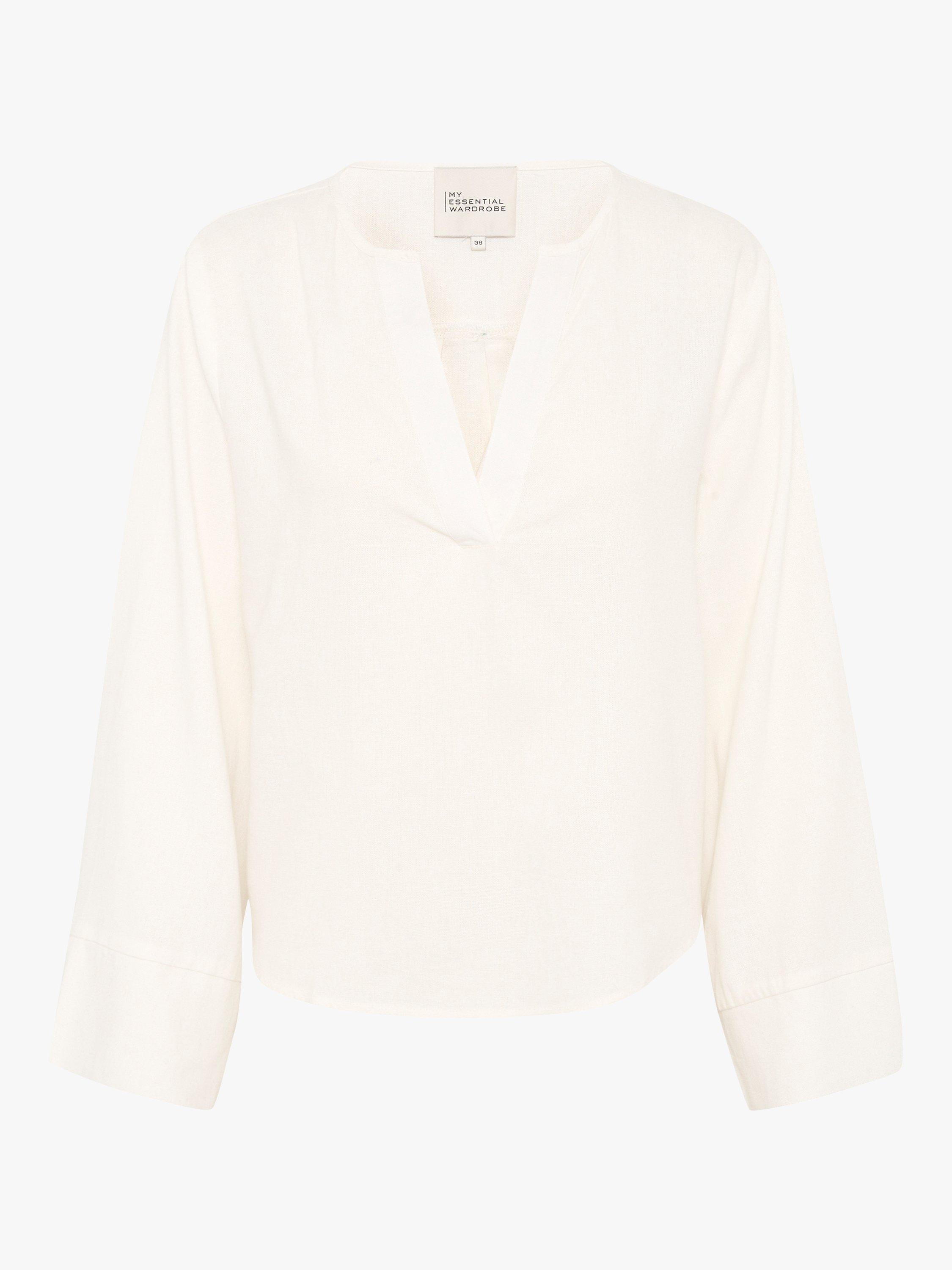MY ESSENTIAL WARDROBE Dias Wide Sleeve Notch Neck Linen Blend Top, Snow White, 8