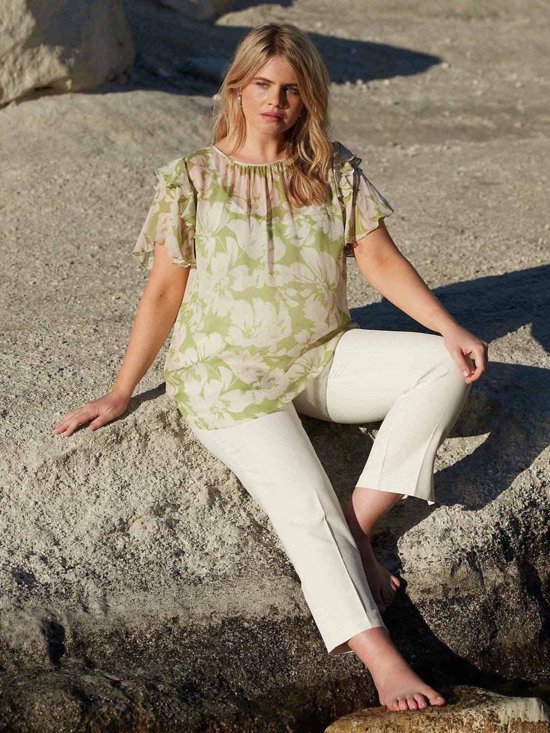 Live Unlimited Curve Floral Ruffle Blouse, Green/Cream