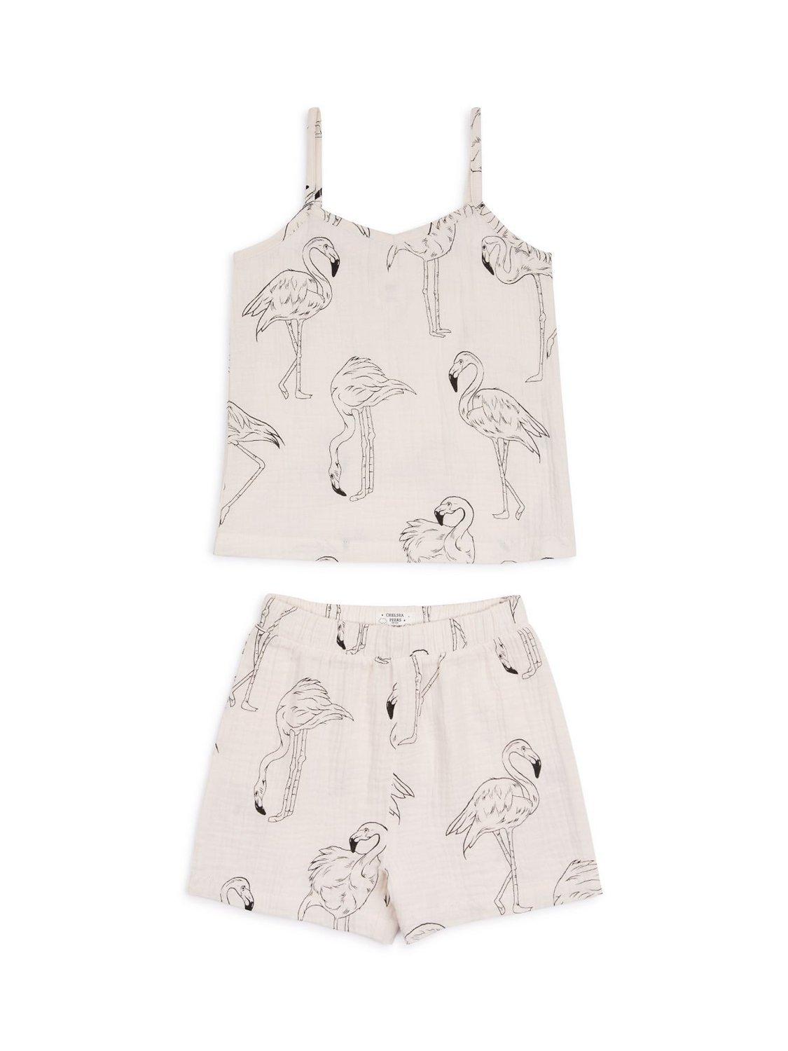 Chelsea Peers Kids' Flamingo Sketch Print Cami Short Pyjamas Set, Off White