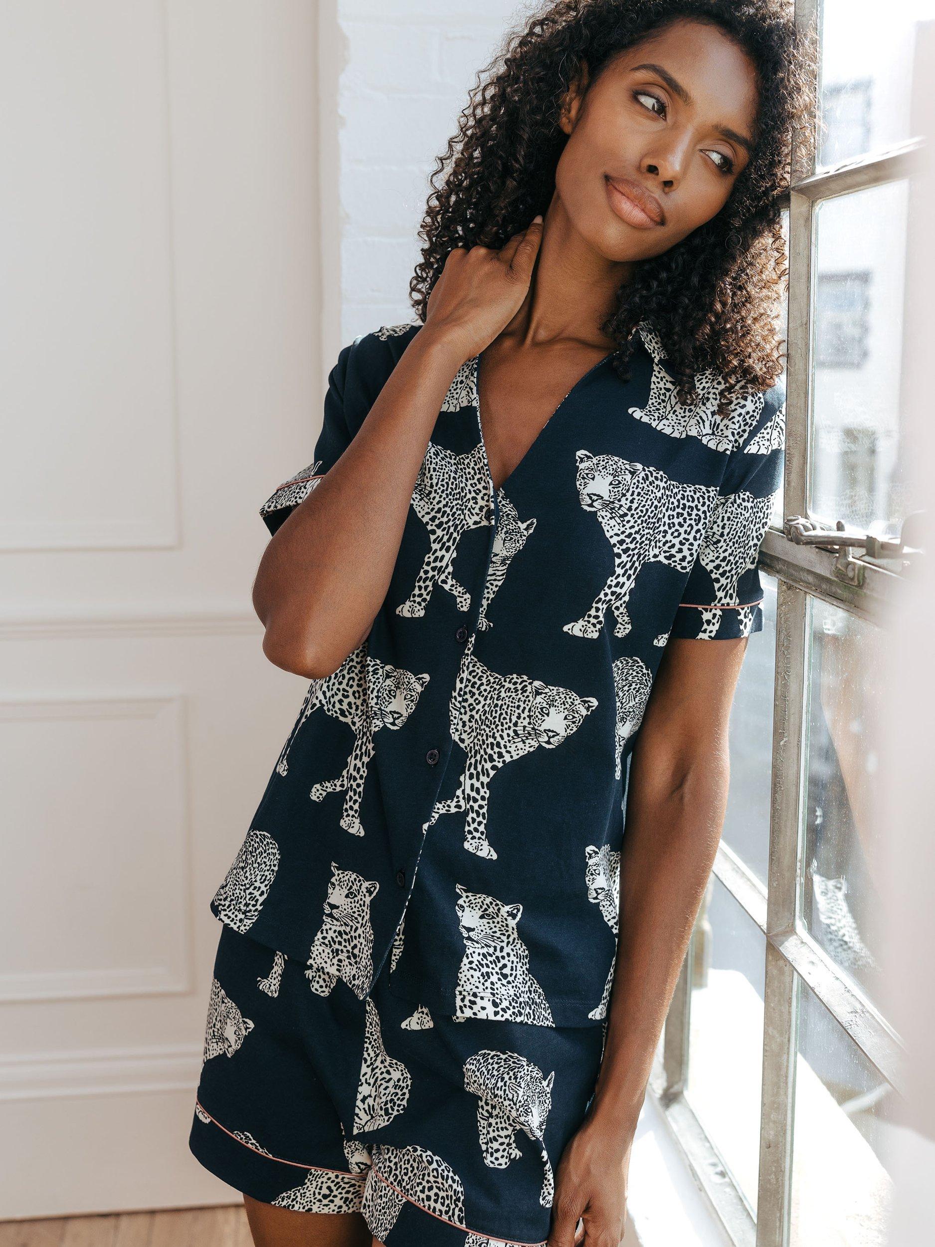 Product image 2 of 5, which shows Chelsea Peers Organic Cotton Leopard Pyjama Shorts, Navy, 6