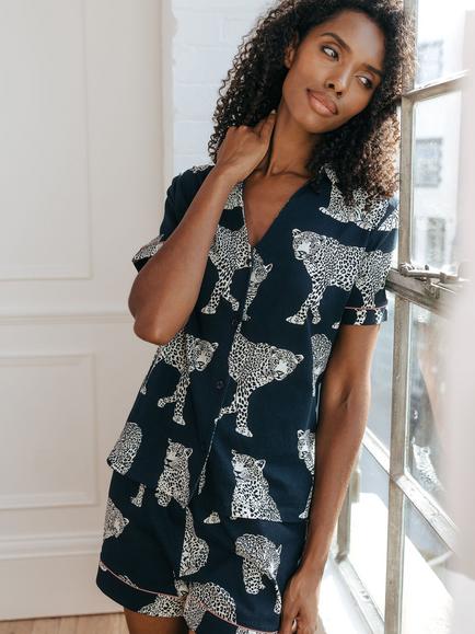 Chelsea Peers Organic Cotton Leopard Pyjama Shorts, Navy - view 2, Navy