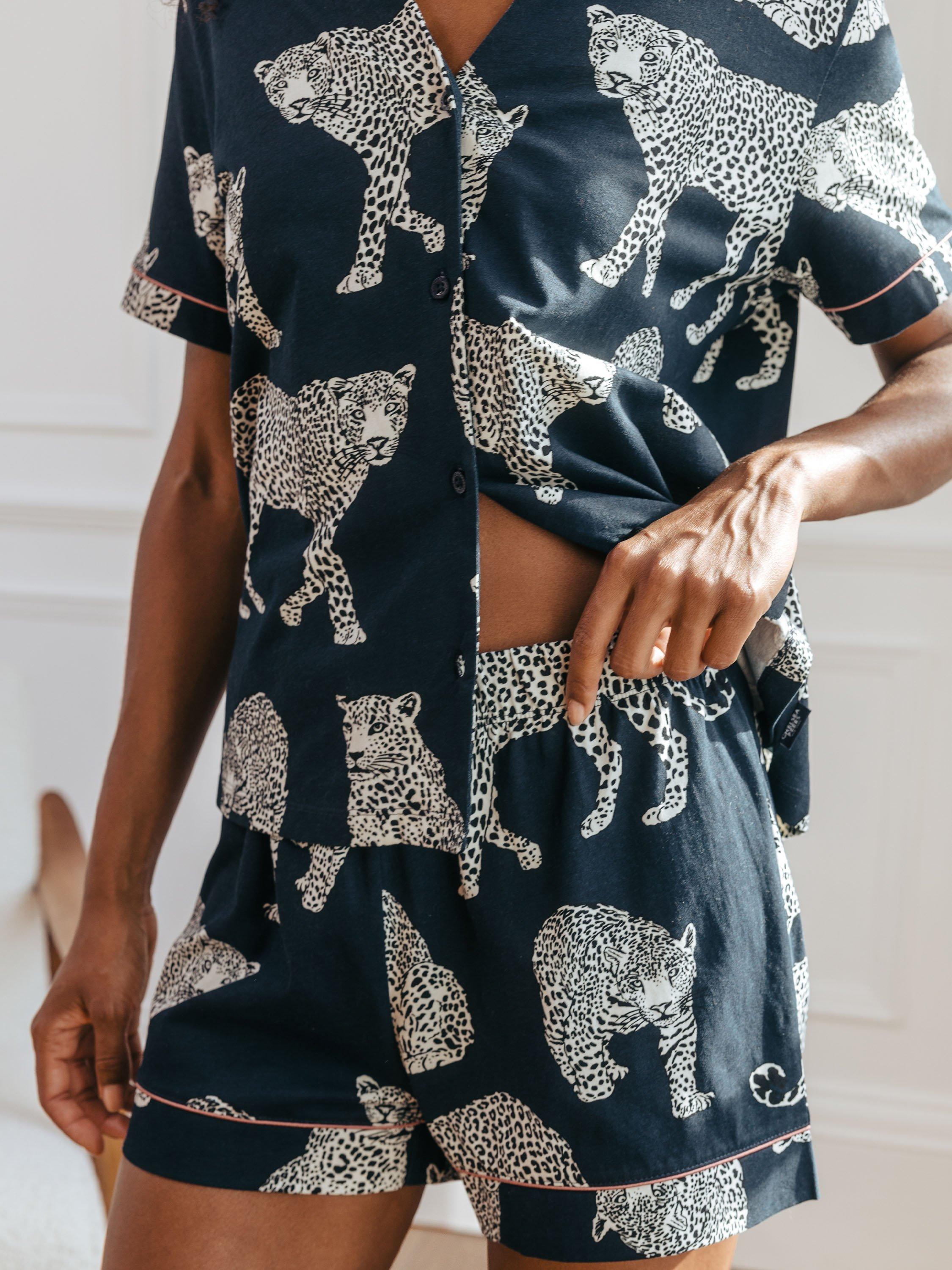 Product image 3 of 5, which shows Chelsea Peers Organic Cotton Leopard Pyjama Shorts, Navy, 6