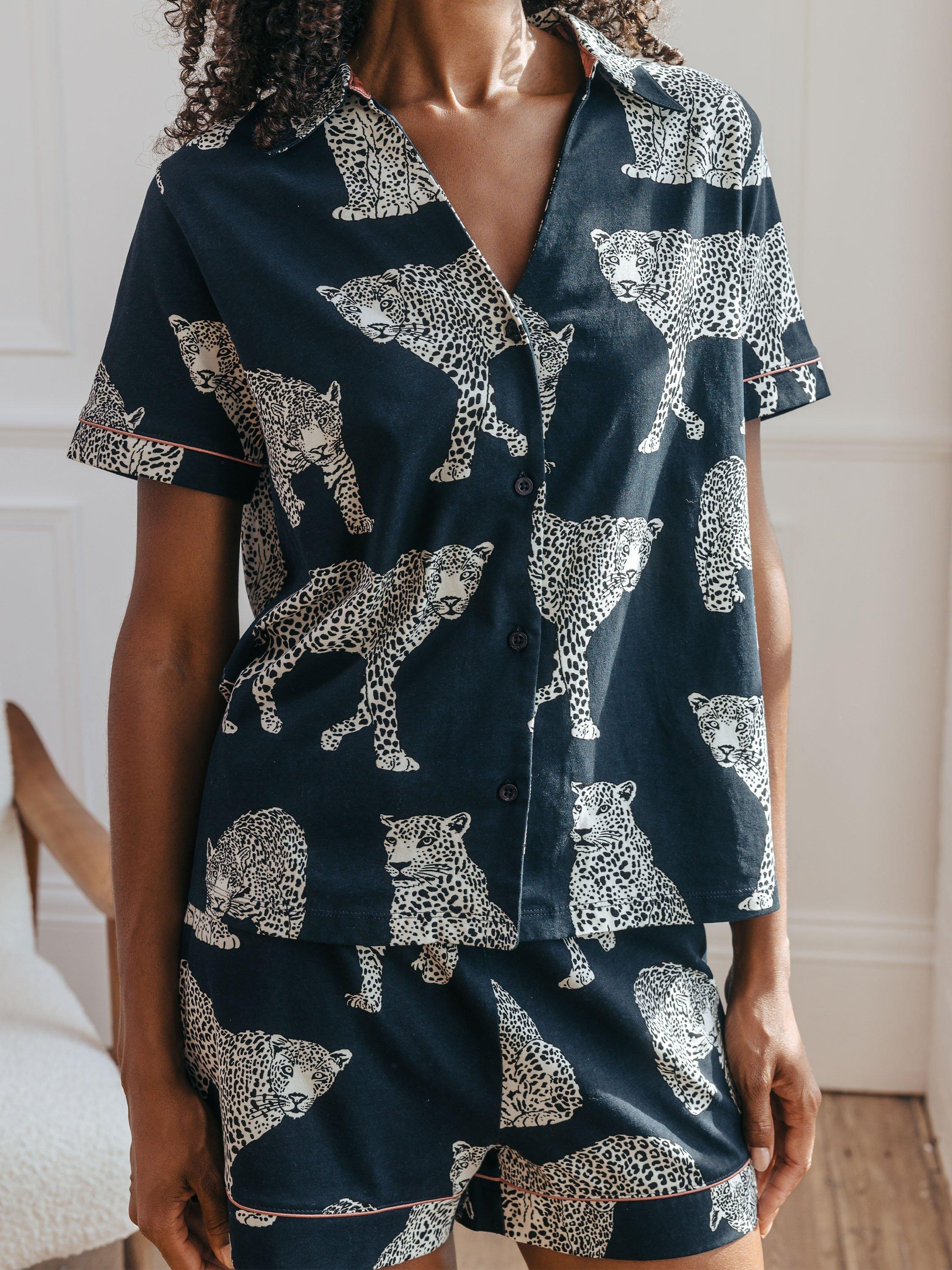 Product image 5 of 5, which shows Chelsea Peers Organic Cotton Leopard Pyjama Shorts, Navy, 6
