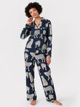 Chelsea Peers Organic Cotton Leopard Long Pyjama Set, Navy