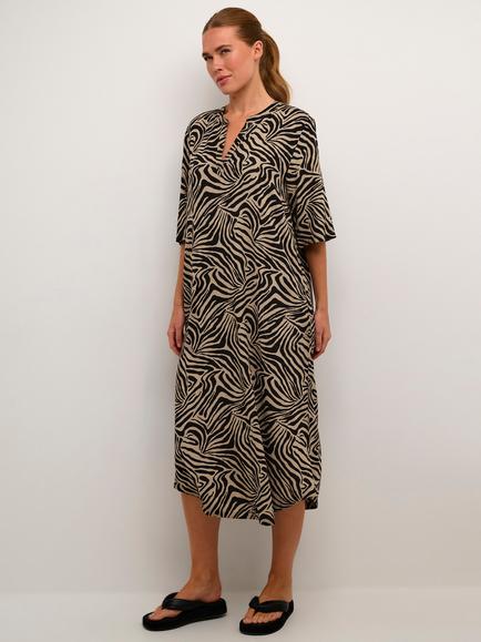 KAFFE Milia Animal Print Kaftan Linen Blend Dress, Chinchilla/Black, Chinchilla/Black